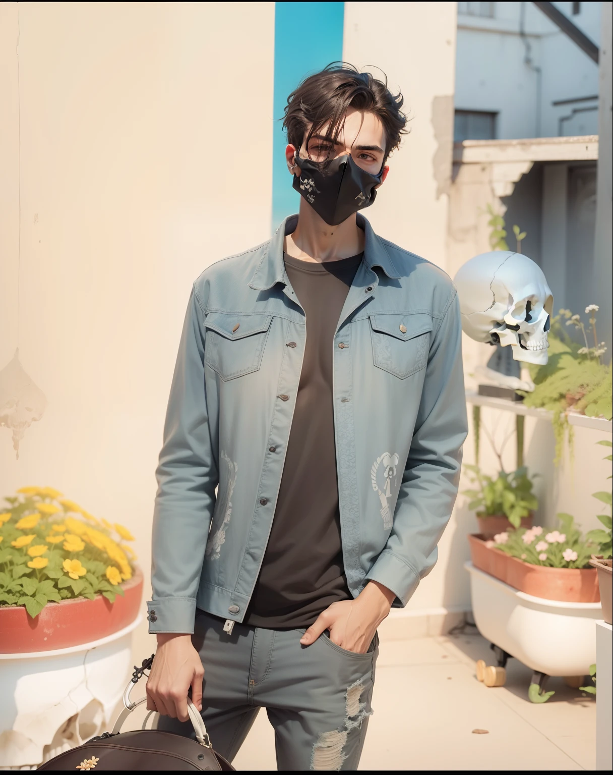 Change Background With Skull and Flowers with holding a skull in hand make it realistic 8k ultra realistic
