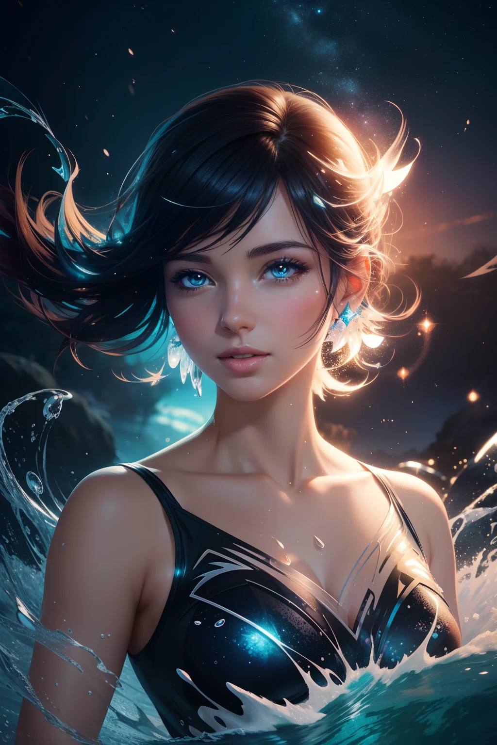 papercut splash art, crisp quality, lady, illustration, octane render, nature, water splash, morning sparkles, night sky, best facial features, luminous sparkles, vibrant