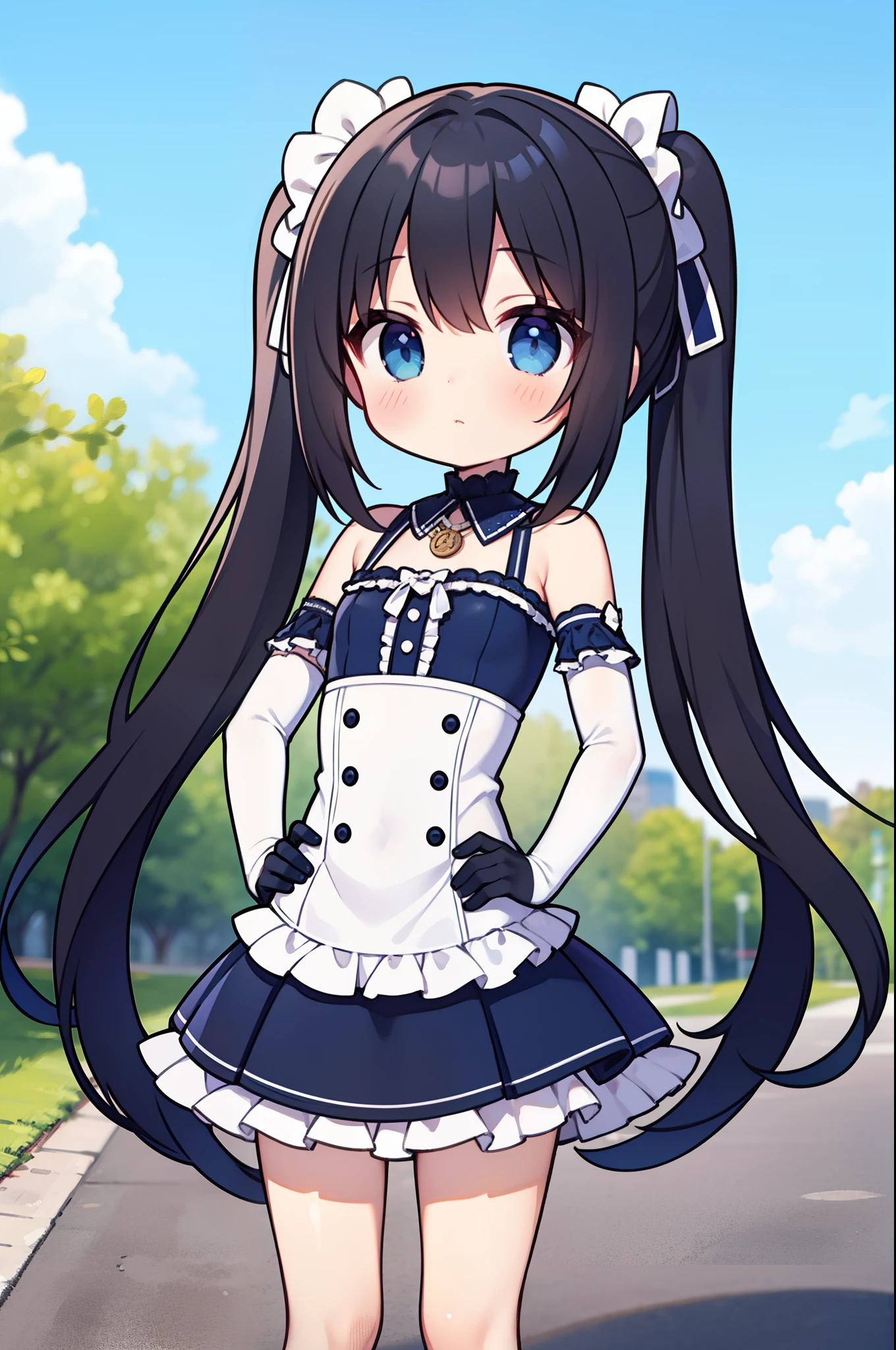 masterpiece, best quality, long hair, twintails, black hair, blue eyes, frilled dress, elbow gloves, outdoors, hand on hip,