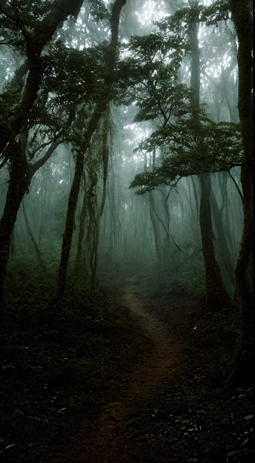 A closeup of a trail in a forest with trees, floresta assustadora, floresta sinistra e sinistra, selva estranha, floresta misteriosa e assustadora, Uma floresta maligna, Floresta Assombrada, Florestas escuras ao redor, floresta assustadora, teares escuros da floresta, horrible forest, floresta de fantasia escura, atmosfera estranha, floresta escura assustadora, Strange and atmospheric, bosques assombrados, estranho!, eerie looking