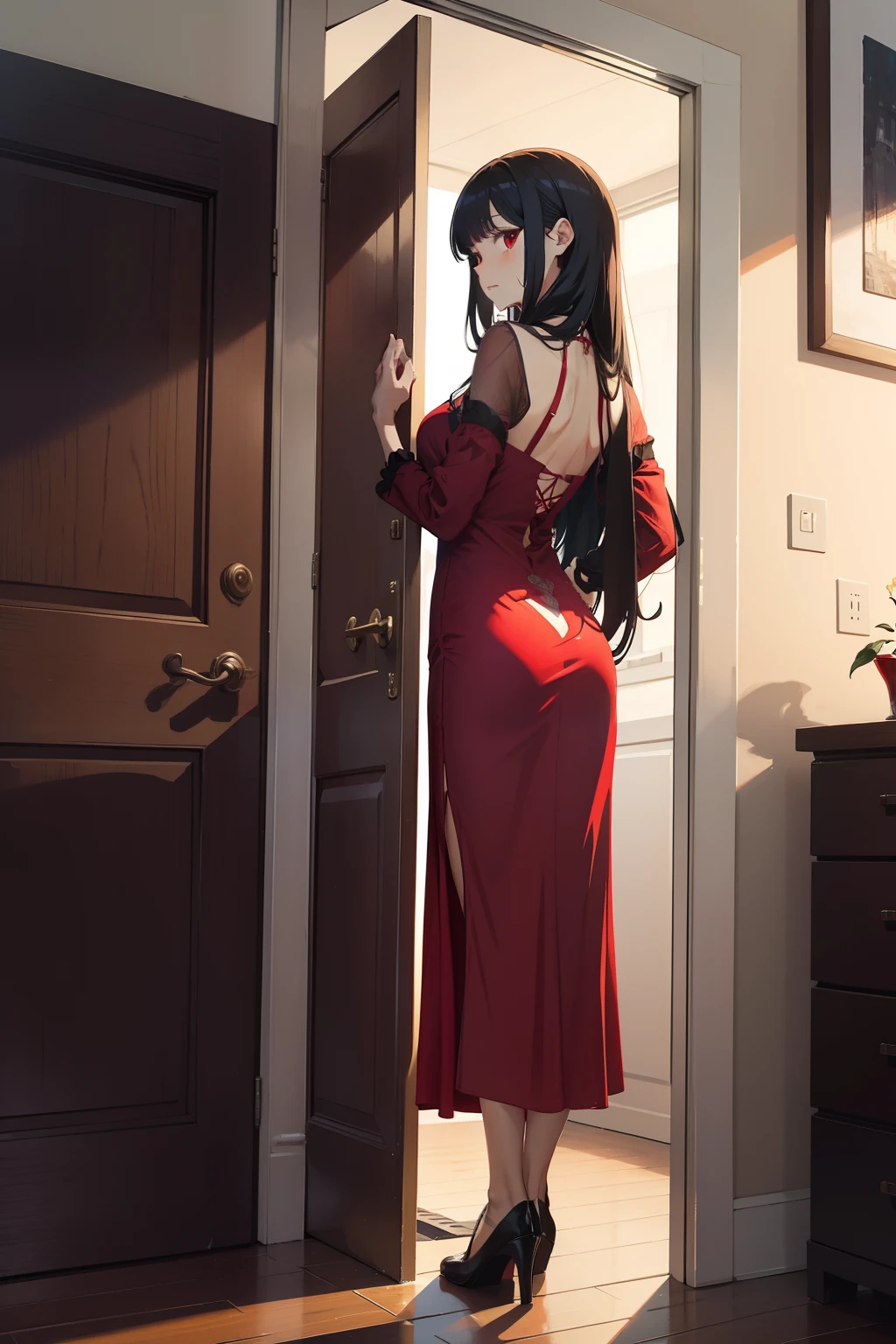I leaned my back against the door frame, Body Facing Screen, I was wearing a long red dress,,No legs,Push my long hair behind me, I'm charming,The face is grim,Iceberg beauty city painting style,Modern style