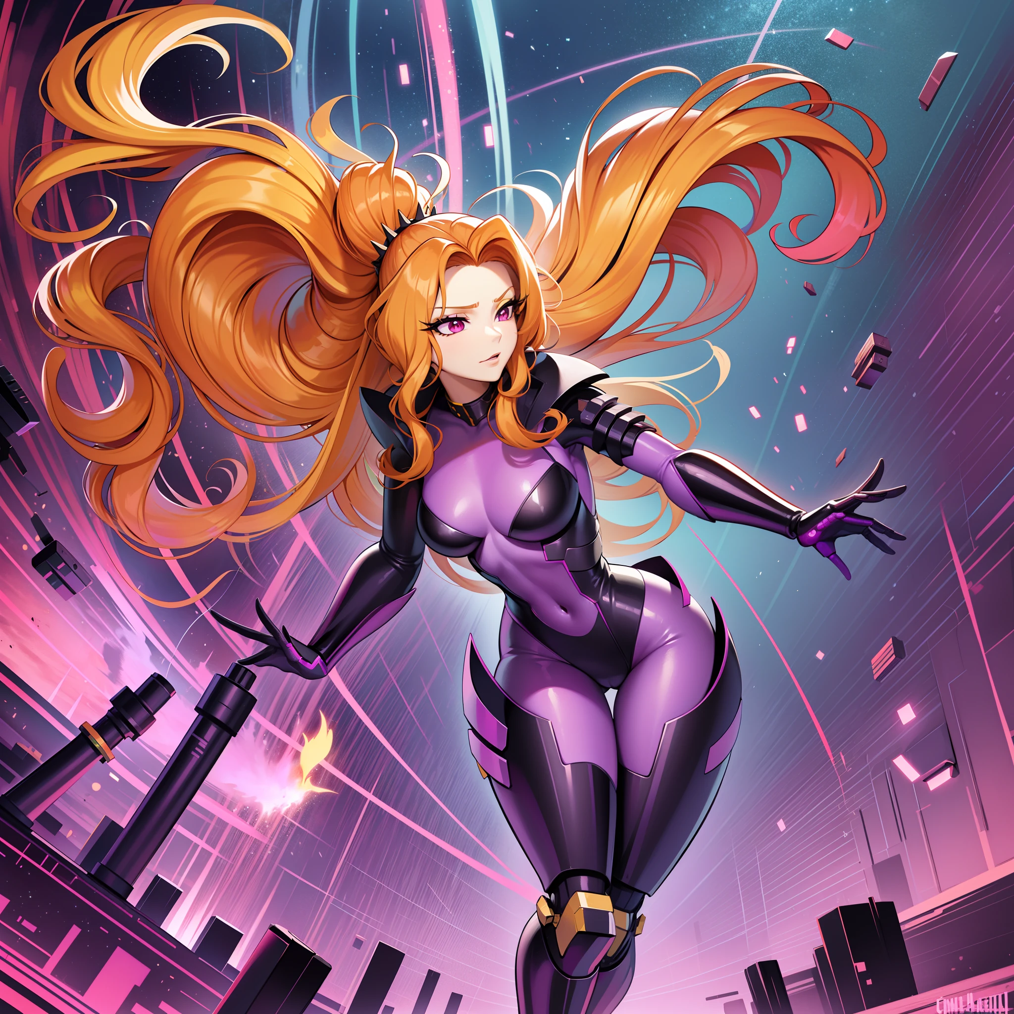 Adagio Dazzle, Adagio Dazzle from My Little Pony, Bioorganism, not human, Mechanical parts, coiled hair, exuberant hair, hairlong, Bionic body parts, Missing skin, Completely cyborg, Cybernetic organism, Mechanical arms, Mechanical legs, full length, full - body, A highly detailed, Качество Ultra 8K, Broken parts, Holes in the mechanisms, not a living organism, Runes and Red Magic, Lots of yellow and red, Red highlighting, Magic Earrings, Lots of magic, Laser Weapons