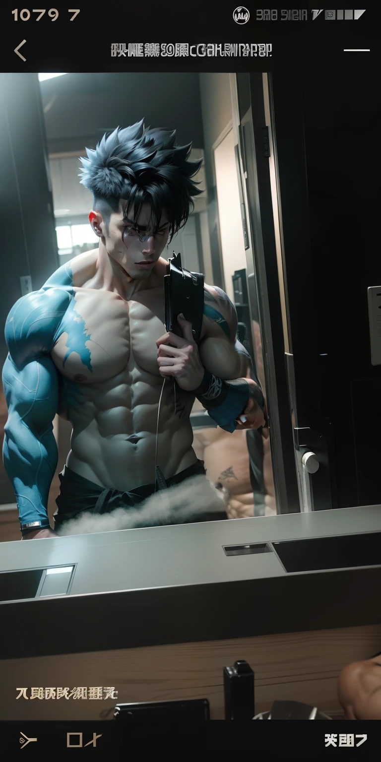 boy,Keep one's mouth shut,malefocus,musculous,big muscular male,Rock,obi strip,serious,独奏,spiked hair,topless male,ripped clothing,ultra instinct,黑The eye,Black hair,((tmasterpiece))