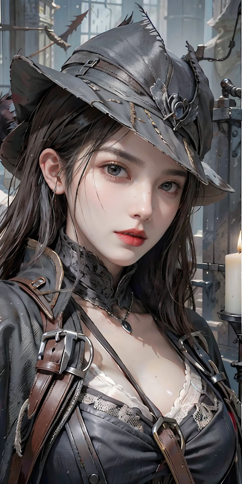 photorealistic, high resolution, soft light,1women, solo, hips up, (detailed face), white hair, edgBB, torn clothes, coat, vambraces, black capelet, capelet, hunter (bloodborne), black gloves, arms at sides, tricorn hat pointed at the front, belt, woman wearing edgBB_outfit, bloody neckcloth, dark, candles, jewelry