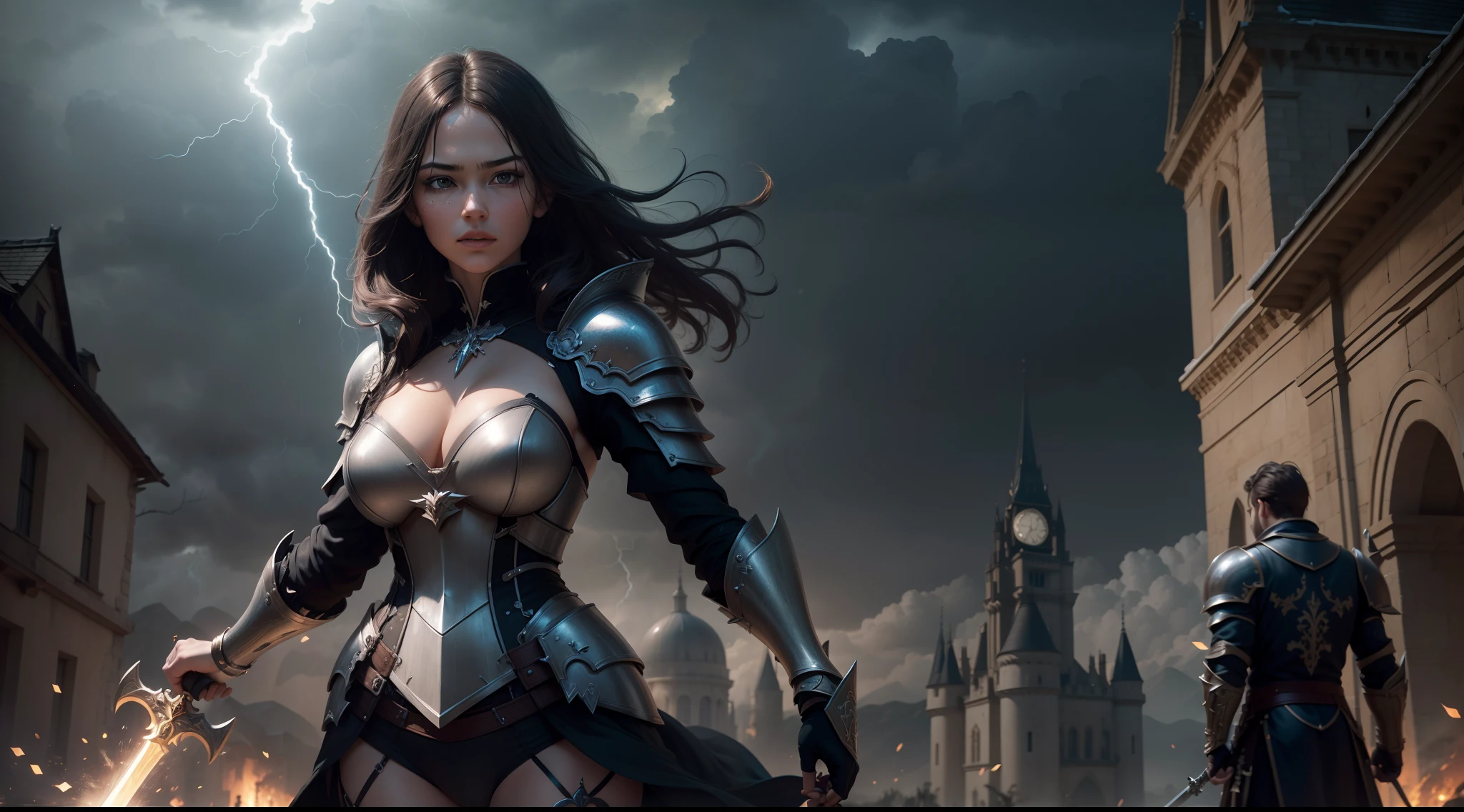 photorealestic,photograph realistic,best qualtiy,tmasterpiece,Extremely refined and beautiful,extremely detaile,CG,8K,Amazing Cleavage,finely detailled,tmasterpiece,Best quality at best,extremely detailed CG unity 8k wal,ultra-detailliert,A high resolution,extremely detaile,black in color,Castle background,Accompanied by lightning,Underwear rain,are standing,A man,age 22,short detailed hair(Black),Unyielding,Wearing,battle armor,Sword in hand(The diagonal angle is downward),