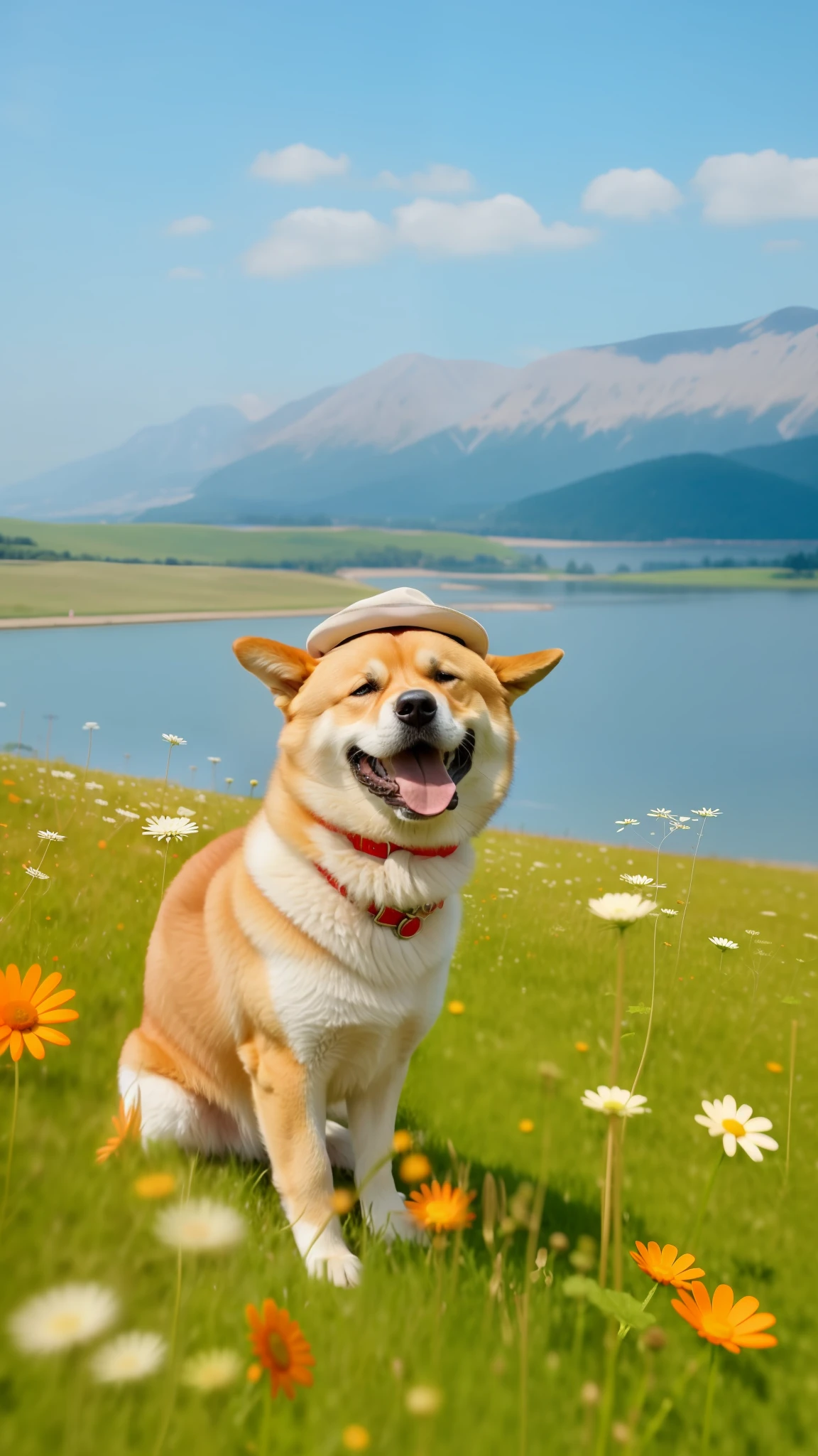 There is a dog sitting in a flower field，With a hat on, shibu inu, Anthropomorphic Shiba Inu, Shiba dog, happy dog, shiba inu dog, japanese dog, governor, animal wearing a hat, he is happy, happy finnish lapphund dog, hyper realisitc, amazing cgi, tv commercial，Global illumination