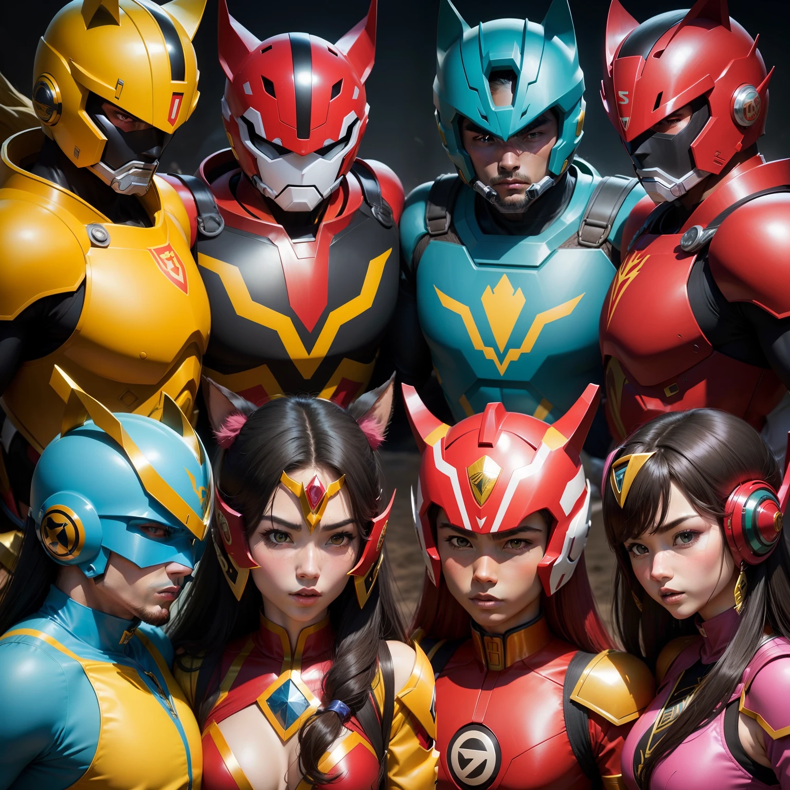Majestic steppe background、Super Sentai Series、Megaranger、Hero Mask、(reddish、verdant、A black、amarelo、pink there、Fivesome)Righteous heroes、Decide on a transformation pose、