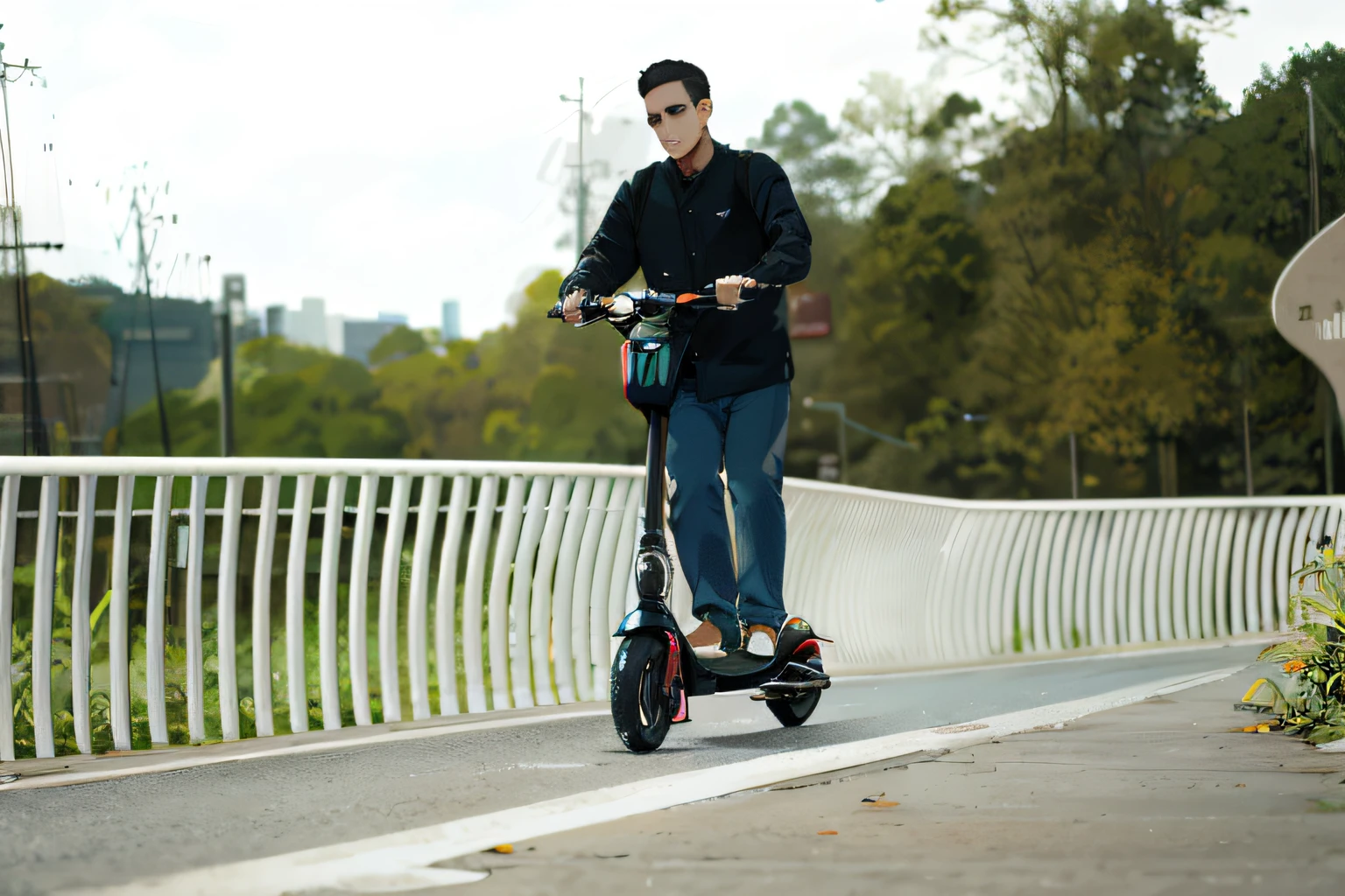 There was a man riding a scooter on the bridge, custom scooter, NOWAI, with a park in the background, otoy octane, with the city as the background, environmental shot