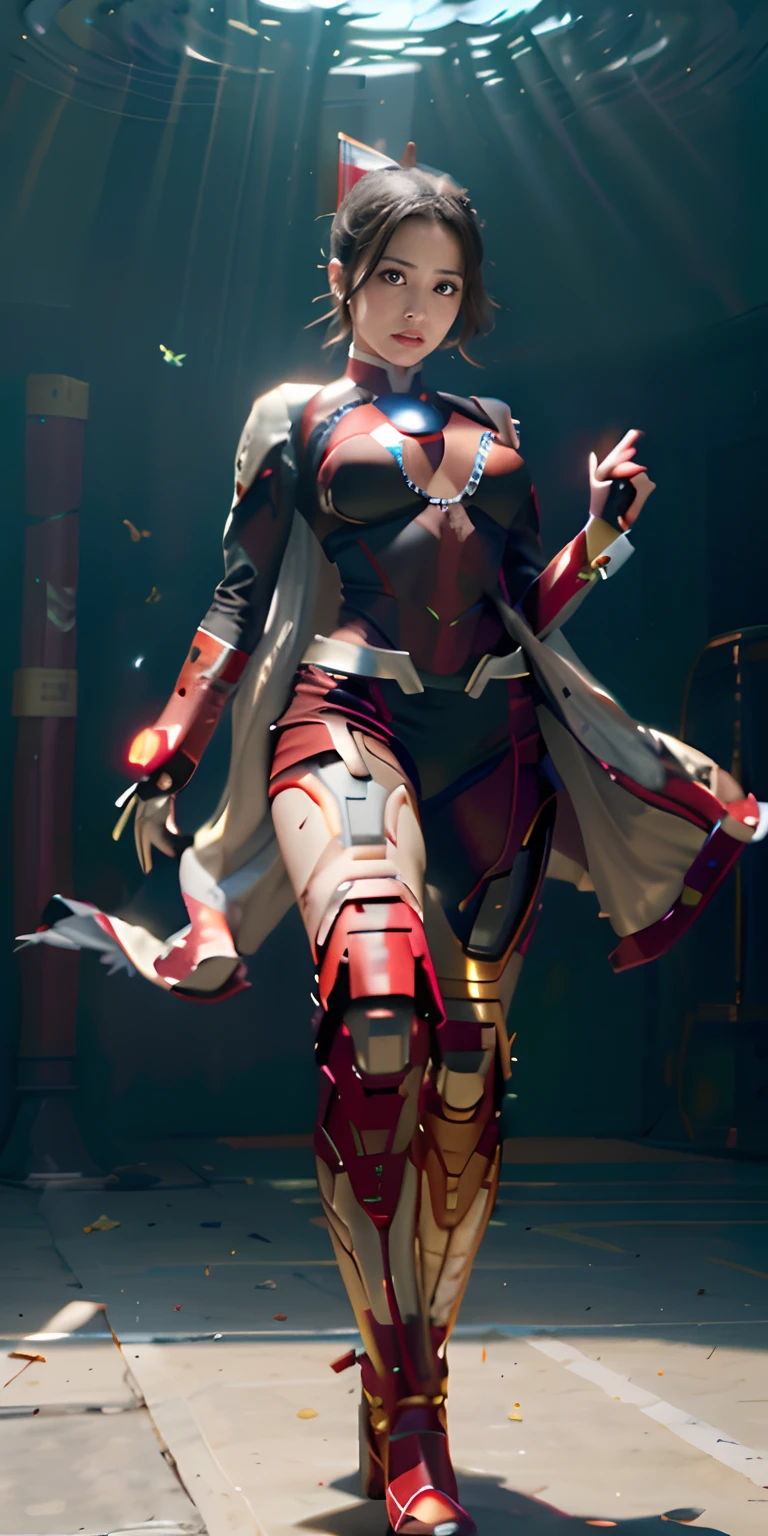 raw, masterpiece, ultra fine photos,, top-quality, 超A high resolution, Photorealsitic, sunlights, Full body portrait, stunningly beautiful, combat pose, delicated face, Vibrant eyes, (front-facing view,full body Esbian), she is wearing a futuristic Iron Man mech, Red, Yellow and green color scheme, (Iron Man destroyed on the floor), A detailed face, Detailed and complex busy background, Messy and gorgeous, Rich plump breasts, High Detail Skin, realistic skin detail、Visible Pore、foco nítido、Volumetric fog、8K UHD、dslr camera、hightquality、film grains、fair white skin、photorealisim、Lomography、View from below、semi transparent Chest: ironman/Arc Reactor MK1 Big K-Cup Butterfly Ribbon Short ponytail