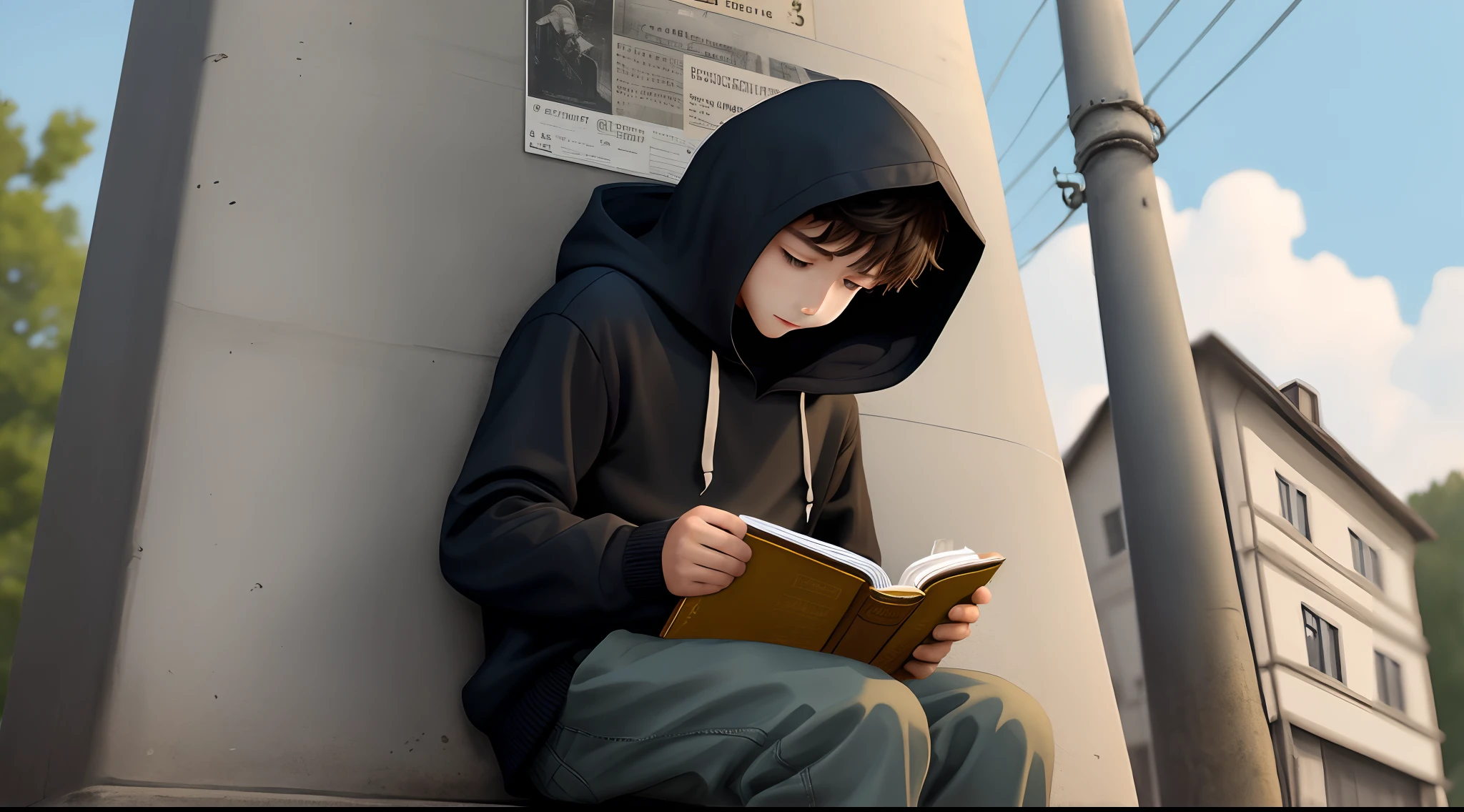 A boy dressed in black and wearing a hood sits on his side by a telephone pole reading a book