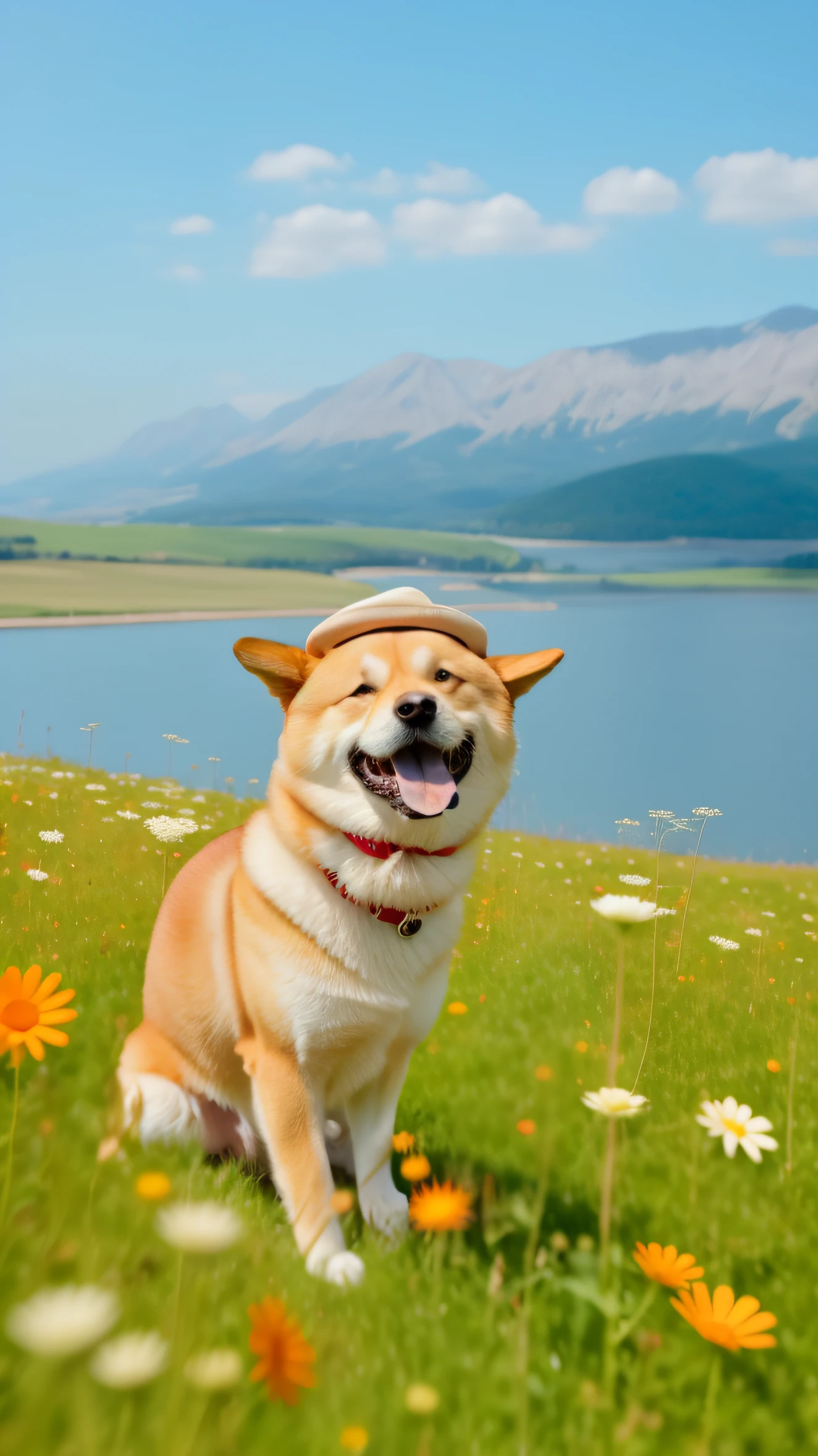 There is a dog sitting in a flower field,With a hat on, shibu inu, Anthropomorphic Shiba Inu, Shiba dog, happy dog, shiba inu dog, japanese dog, governor, animal wearing a hat, he is happy, happy finnish lapphund dog, hyper realisitc, amazing cgi, tv commercial,Global illumination