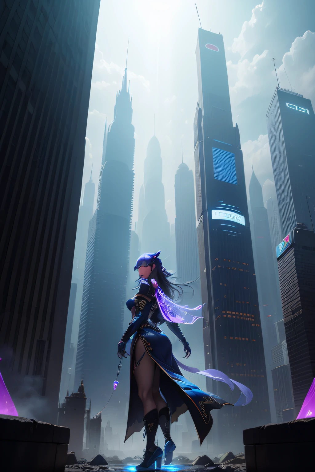 One morning in the distant future cities of the African continent。In the foreground, you can see the cobblestone streets of medieval Europe and the ruins of old castles。This old castle has been partially restored with cyber technology.、Neon lights are emitted from the towers of the castle。Inside the castle、A translucent hologram dragon is flying around.、A faint electronic sound can be heard from the dragon.。

In the background、Skyscrapers tower over medieval ruins、Neon advertisements and signage shine from those buildings。There are microscopic drones flying around in the sky.、Those drones are shimmering reflecting the sun's rays。

On the right side is、Young people with tribal tattoos and piercings are dancing。Their bodies are embedded with cyber technology and modules.、These technologies emit blue and purple light.。Their dances are based on traditional African rhythms and、A fusion of electronic sounds of the city。

The angle of the camera is、Slightly lower to diagonally upward。The distance from the camera is about 10m。How to enter the light、The soft morning sun is coming in diagonally from the upper left.、The contrast with neon lights and the light of technology is vividly depicted。