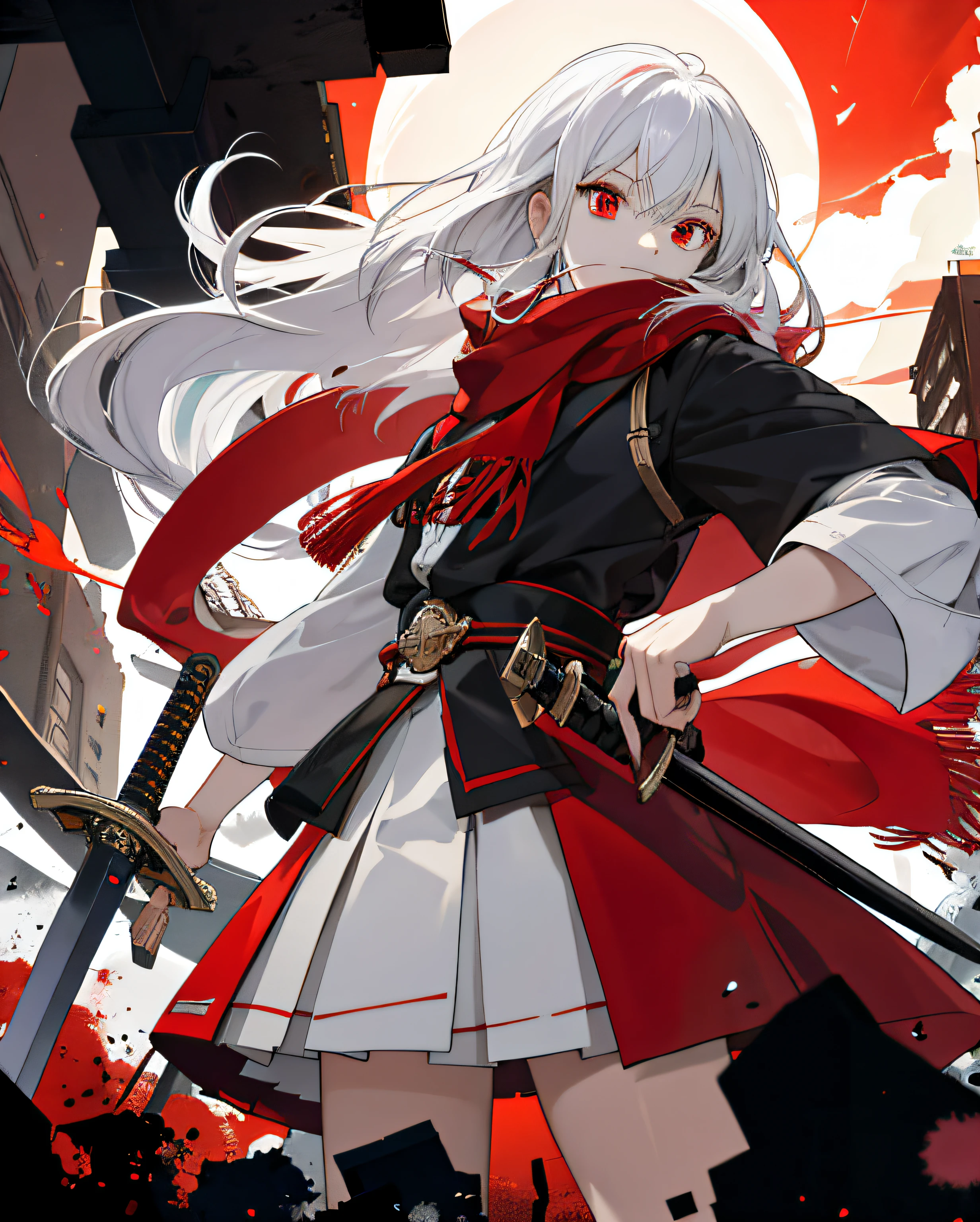 （High- sharpness，ultra - detailed）， tmasterpiece， best qualtiy， 独奏， A girl with long white hair， Red and white skirt， Handsome， Fine Eye， Fine Eye， finely eyes， Bright red eyes， 详细的脸， Black scarf， bared  chest， carry two swords， dual swords，from below， looking down below， Ruined city， background inside dark， swirles， spark of light