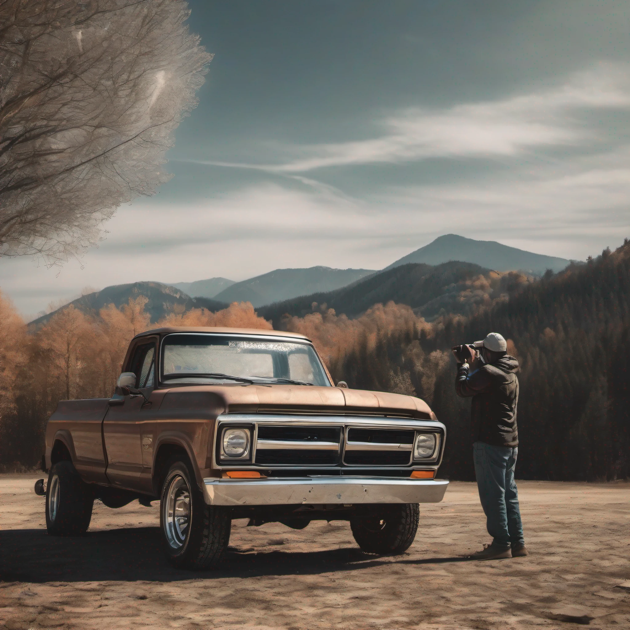 a man taking a photo of his older truck, highly detailed photography style