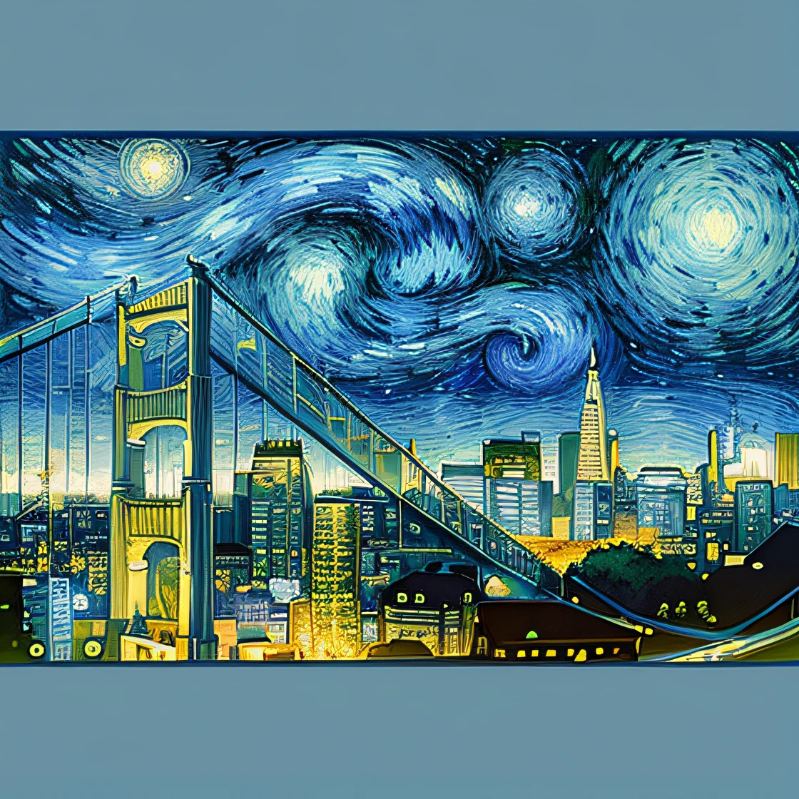 A painting of a city skyline with bridges and a starry sky, san francisco, van gogh art style, style of van gogh starry night, in the style of van gogh, in the starry night, Starry night, star night, stary night painting, San Francisco psychedelic poster, Van Gogh style, in the style of van gogh, Inspired by Van Gogh