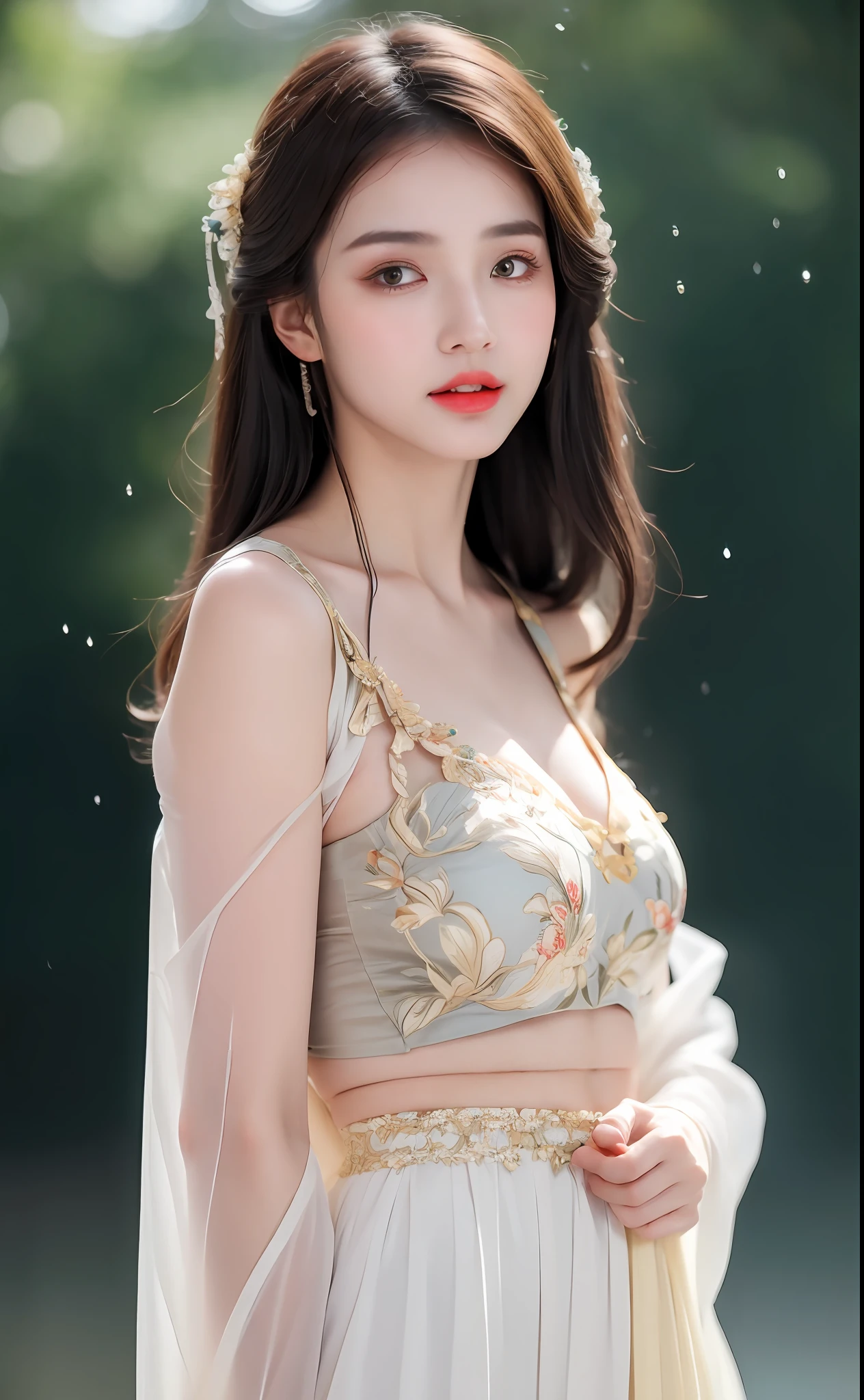((Best Quality, 8k, Masterpiece: 1.3)), Focus: 1.2, Perfect Body Beauty: 1.4, Buttocks: 1.2, ((Layered Haircut)), (Wet Clothes: 1.1), (Rain, Street:1.3), (Breasts: 1.2), (Hanfu: 1.2), Bare Shoulders, Bare Legs, Highly Detailed Face and Skin Texture, Fine Eyes, Double Eyelids, Whitened Skin, Long Hair, (Shut Up: 1.5), (Bokeh Background: 1.5), Big Breasts