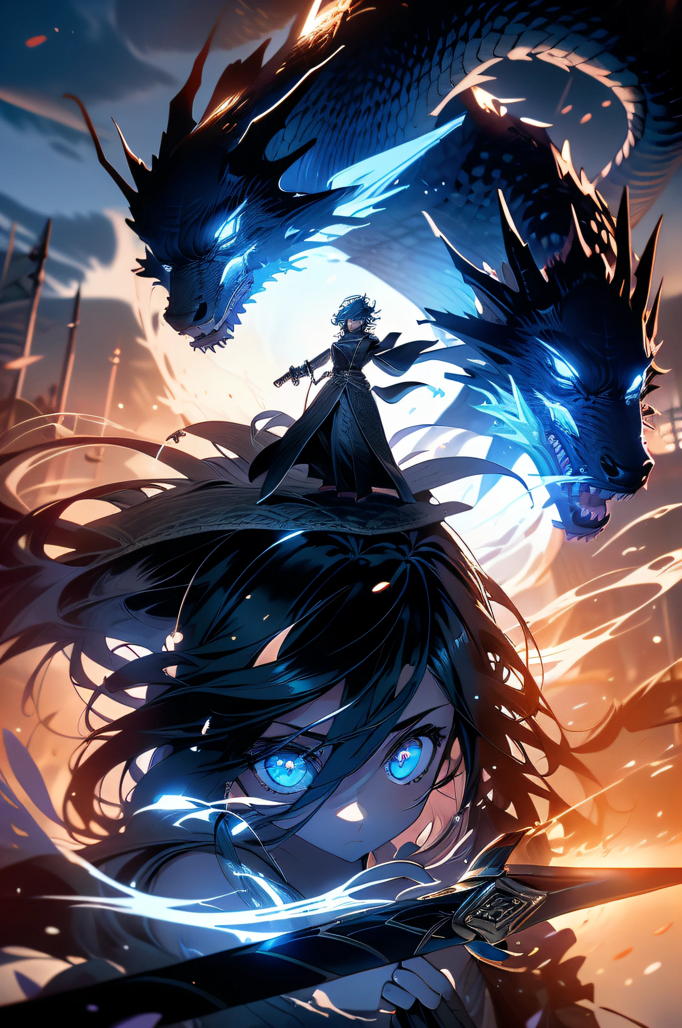 Against the backdrop of ther world of swords and magic，（There are two people in the picture），（a young man and a woman），The boy holds a sword in his hand，Girl holding a magic wand，There are fantasy creatures such as a dragon in the background，With Japanese anime style，Forest or castle in the background