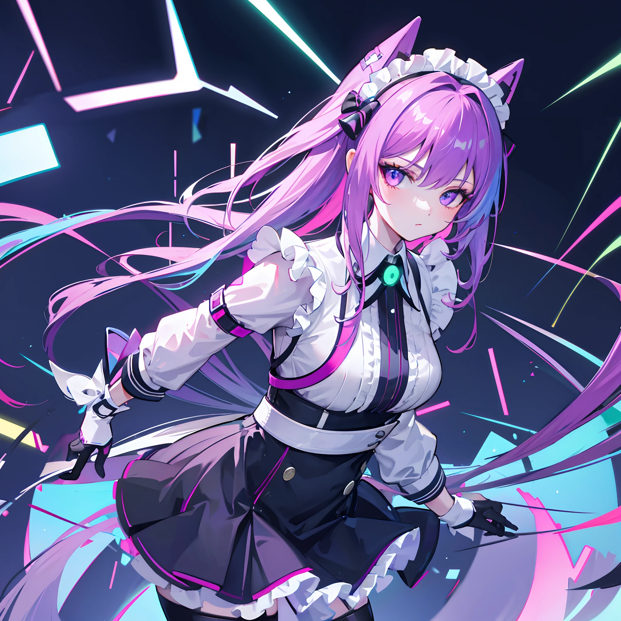 1girl，nightcity，Sateen，Hands in pockets neon colors，Cyber style，the maid outfit