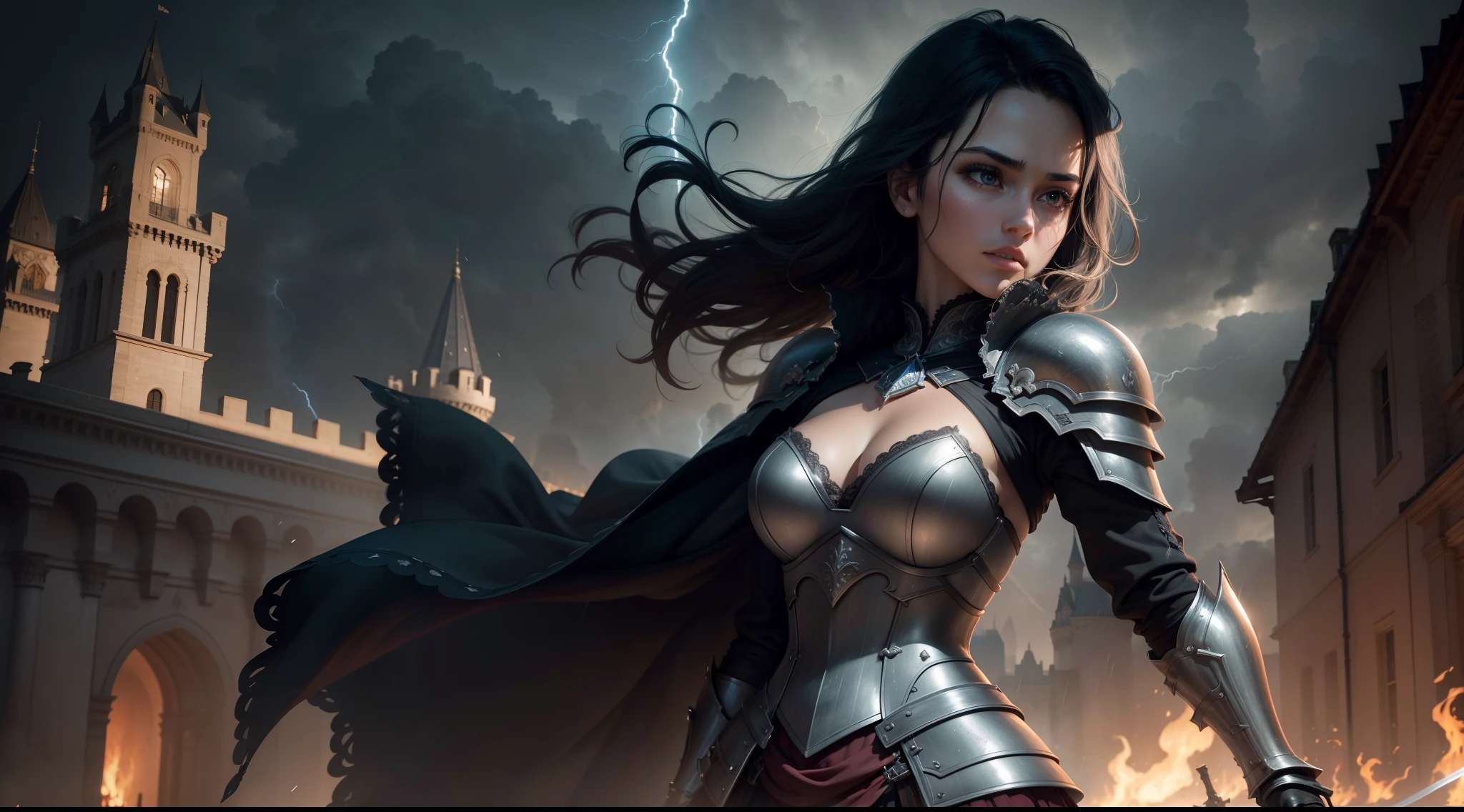 photorealestic，photograph realistic，best qualtiy，tmasterpiece，Extremely refined and beautiful，extremely detaile，CG，8K，Amazing Cleavage，finely detailled，tmasterpiece，Best quality at best，Extremely detailed CG unified 8K wallpapers，ultra-detailliert，A high resolution，extremely detaile，black in color，Castle background，With lightning，Underwear rain，are standing，A man，age 22，short detailed hair（black），indomitable，Wearing，battle armor，Sword in hand（Diagonally down），