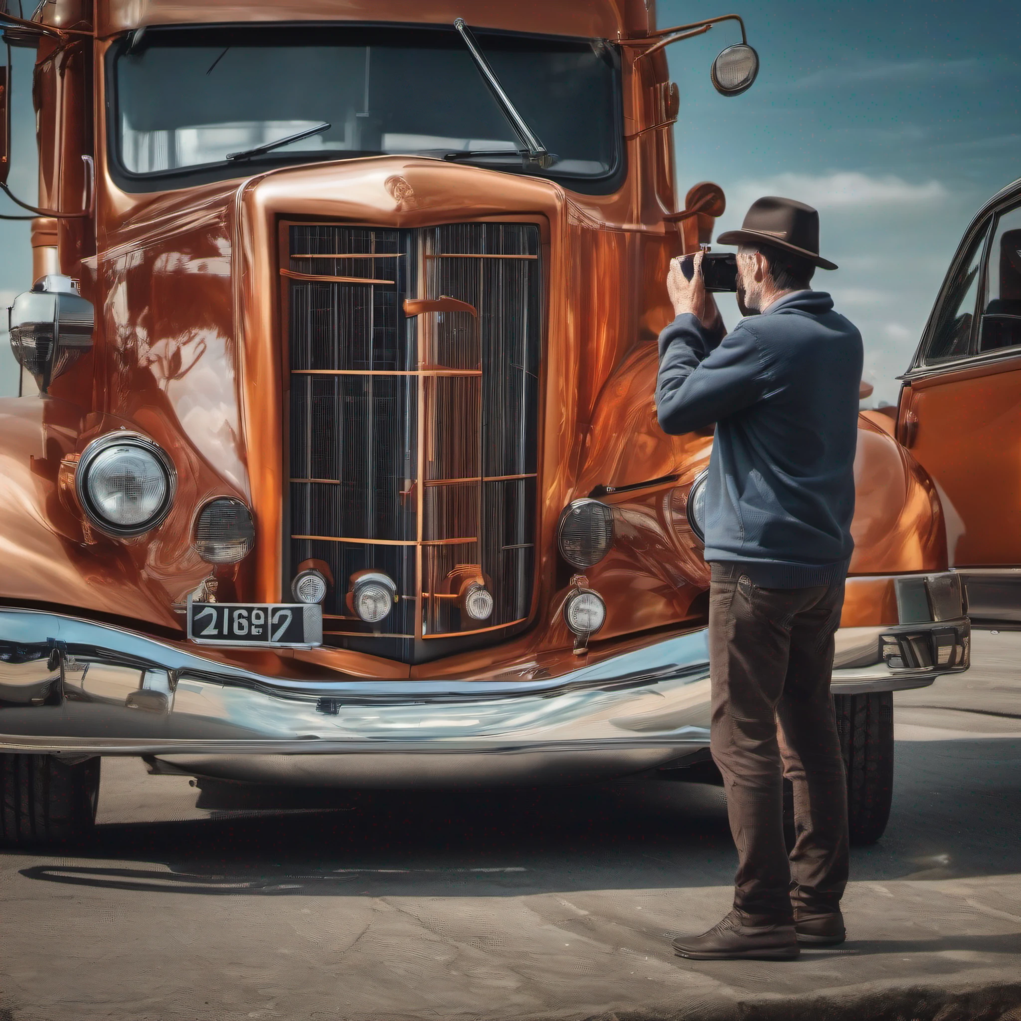 a man taking a photo of his nice polished older european truck, highly detailed realistic photography style