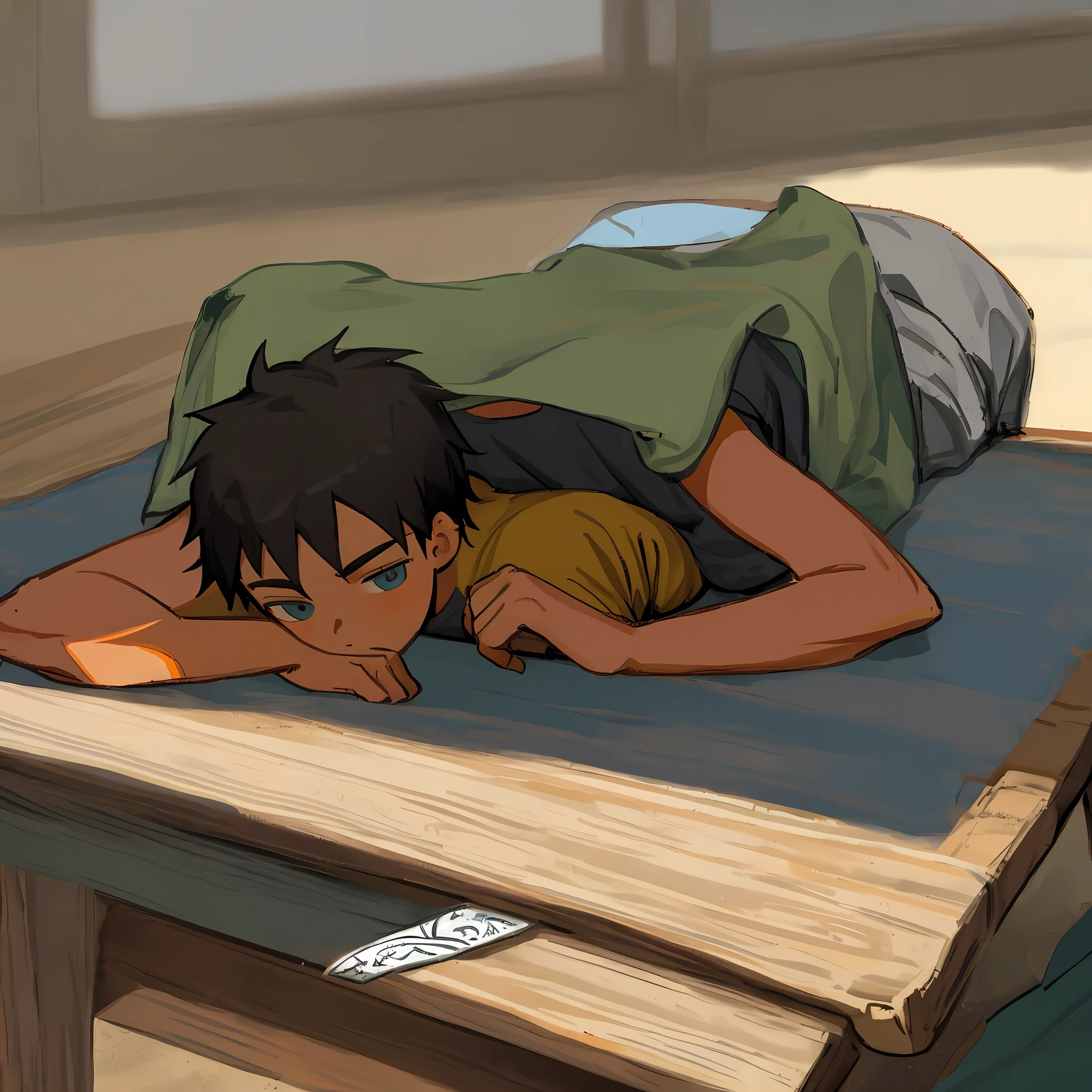 A lazy boy about 20 years old lying on a table,stickfigure