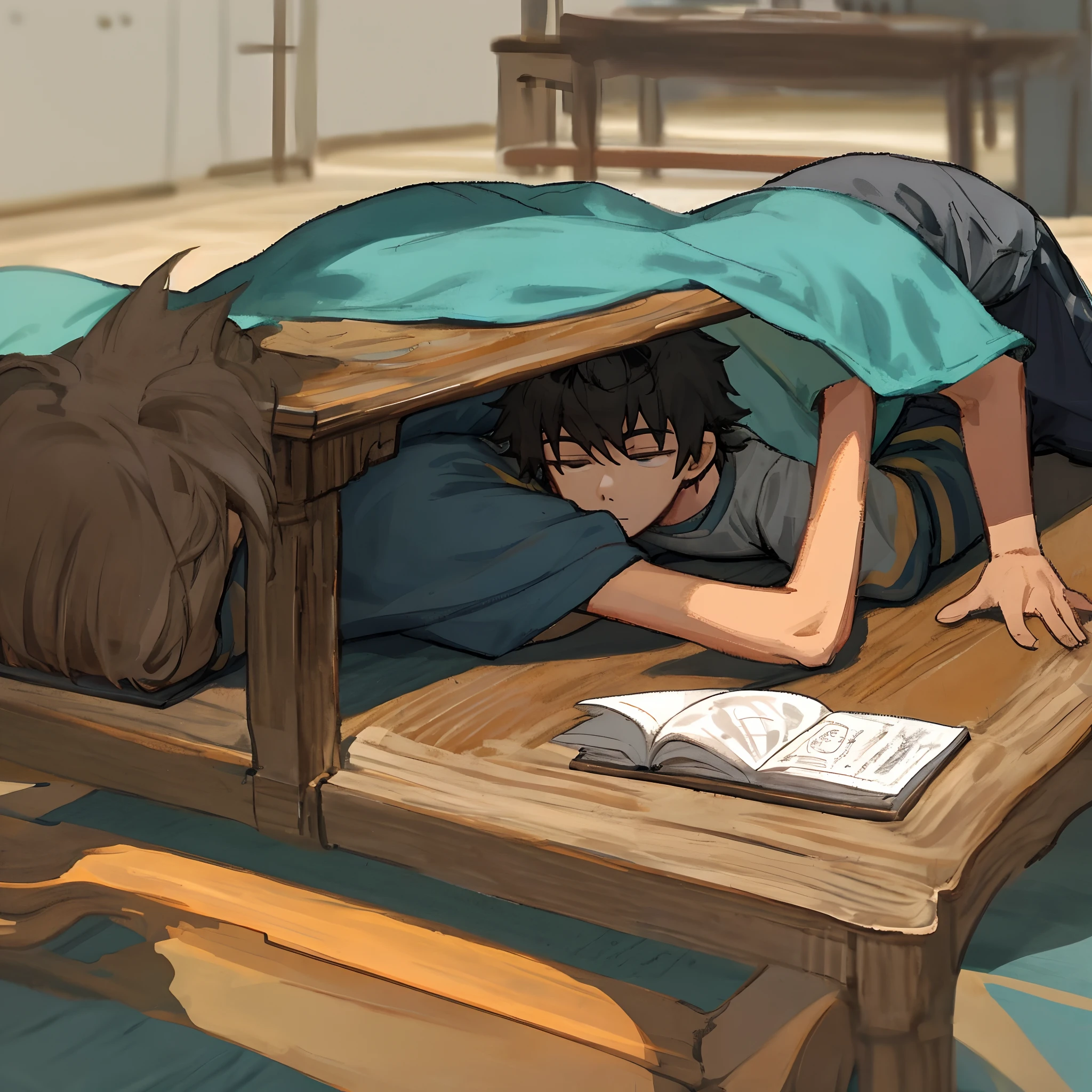A lazy little boy about 20 years old lying on a table，stickfigure