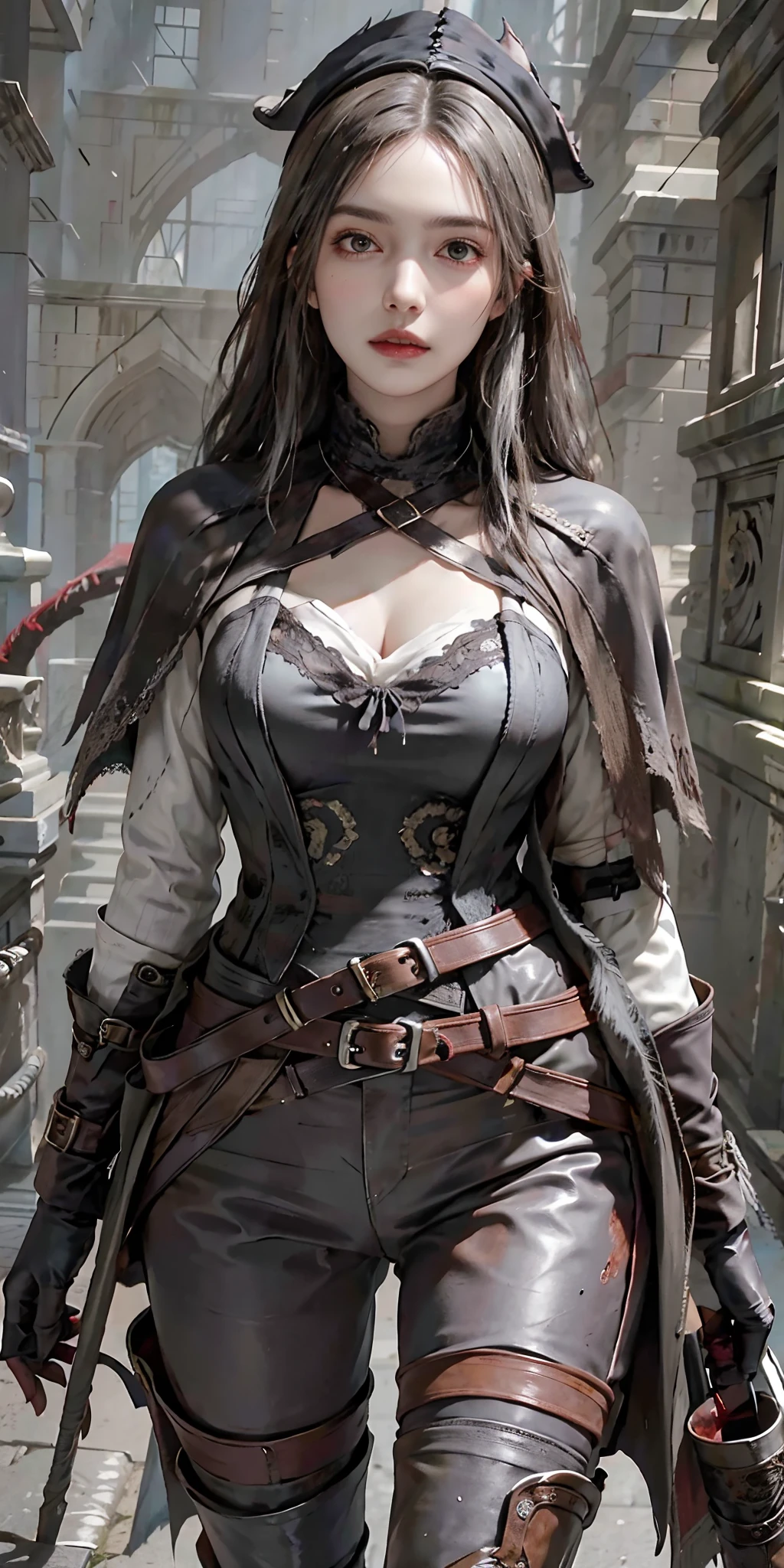 photorealistic, high resolution, soft light,1women, solo, hips up, (detailed face), silver hair, edgBB, torn clothes, coat, vambraces, black capelet, capelet, hunter (bloodborne), black gloves, arms at sides, tricorn hat pointed at the front, belt, woman wearing edgBB_outfit, bloody neckcloth, dark, candles, jewelry