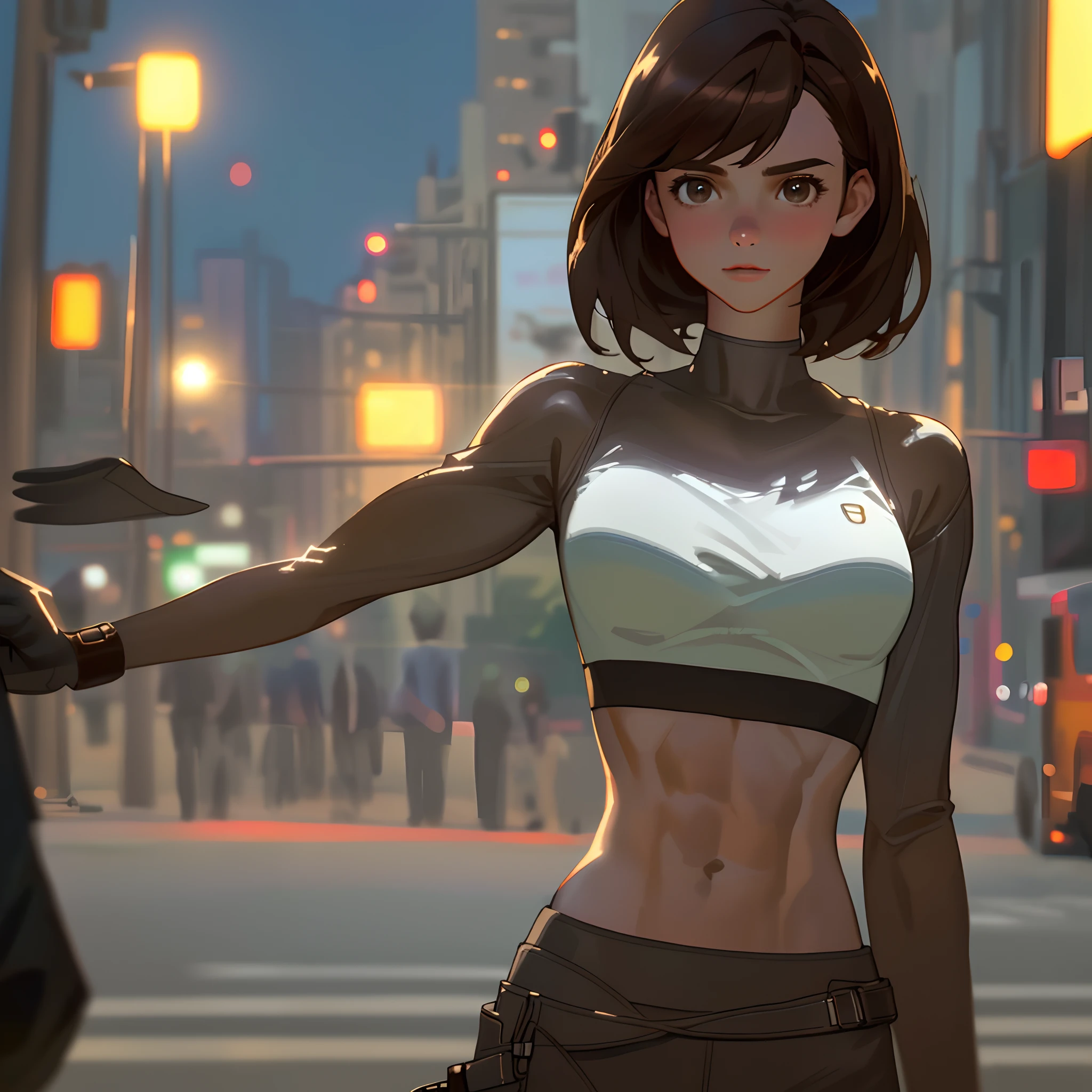 ((Realistic lighting, Best quality, 8K, Masterpiece: 1.3)), Clear focus: 1.2, 1girl, Perfect Figure: 1.4, Slim Abs: 1.1, ((Dark brown hair)), (White crop top: 1.4), (Outdoor, Night: 1.1), City streets, Super fine face, Fine eyes, Double eyelids,