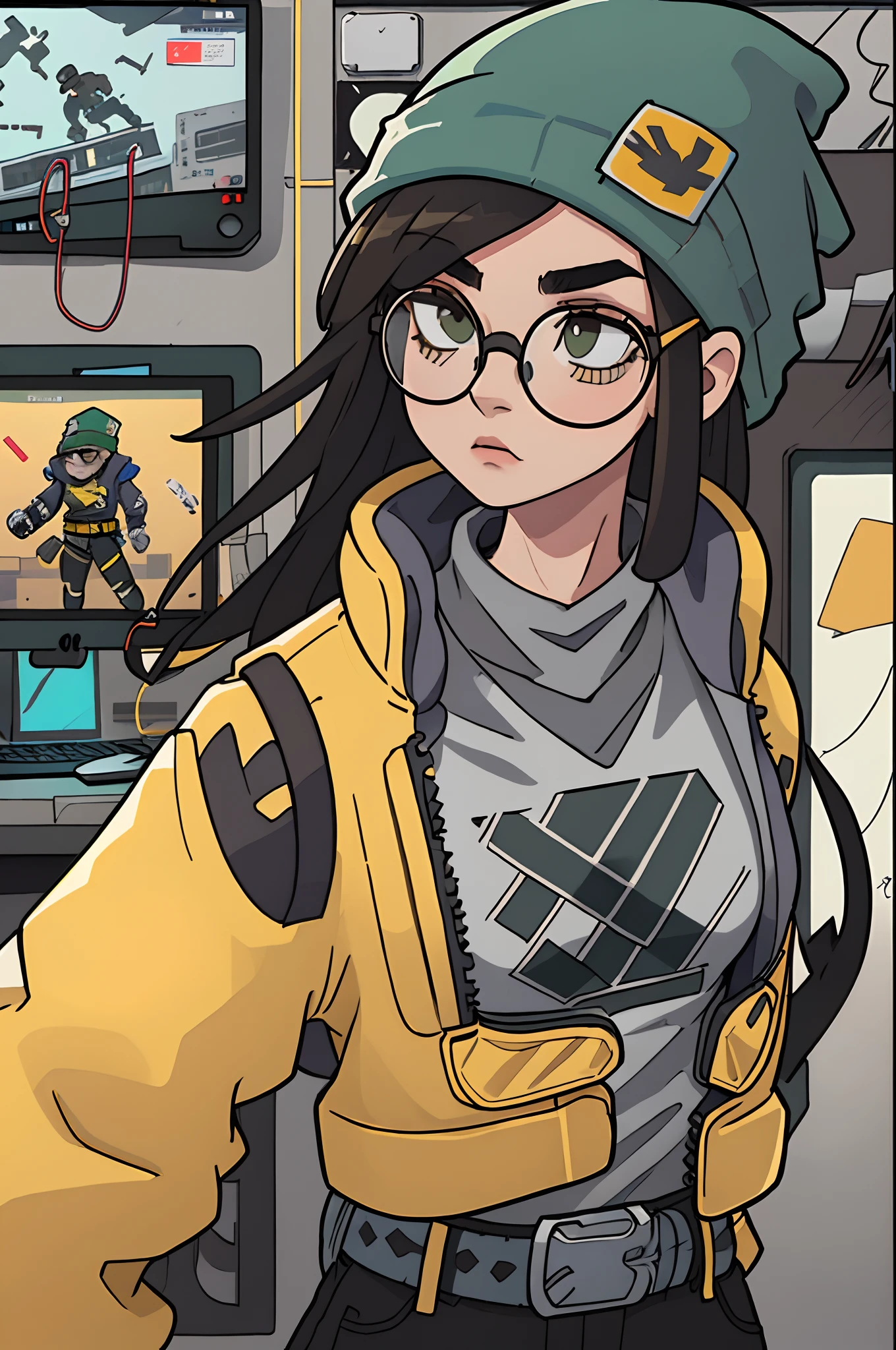 masterpiece, best quality, killjoy, green beanie, round glasses, yellow jacket, grey shirt, belt, black pants, upper body, computers, circuitry, robots, looking at tablet, Side view