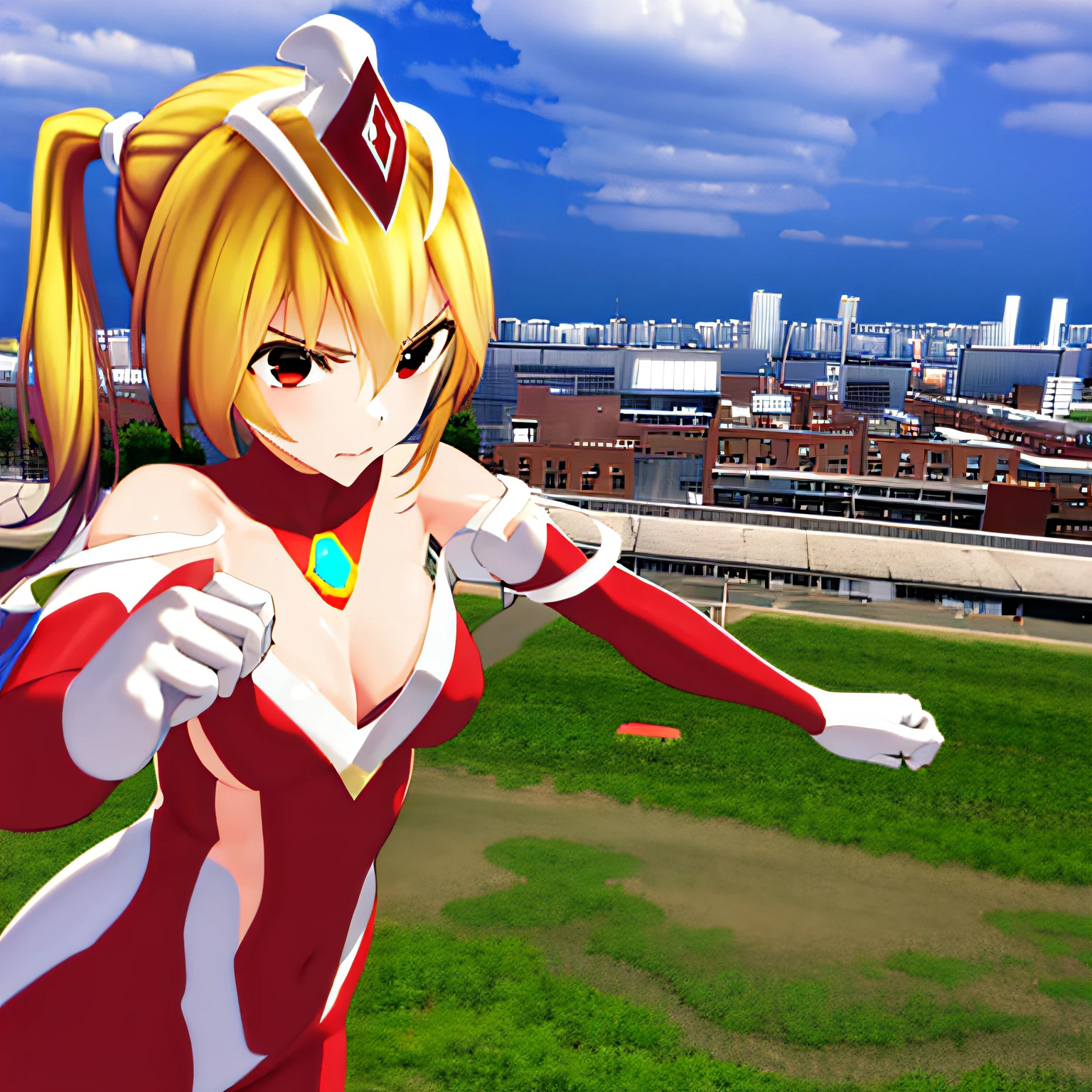 masterpiece, Best Quality, 1girl, solo, blonde hair, ponytail, crown, serious, concentrating, v-shaped eyebrows, (red ultraman bodysuit, glowing red gem on chest), cowboy shot, looking at viewer, punching, city, citycape in background, fighting style,