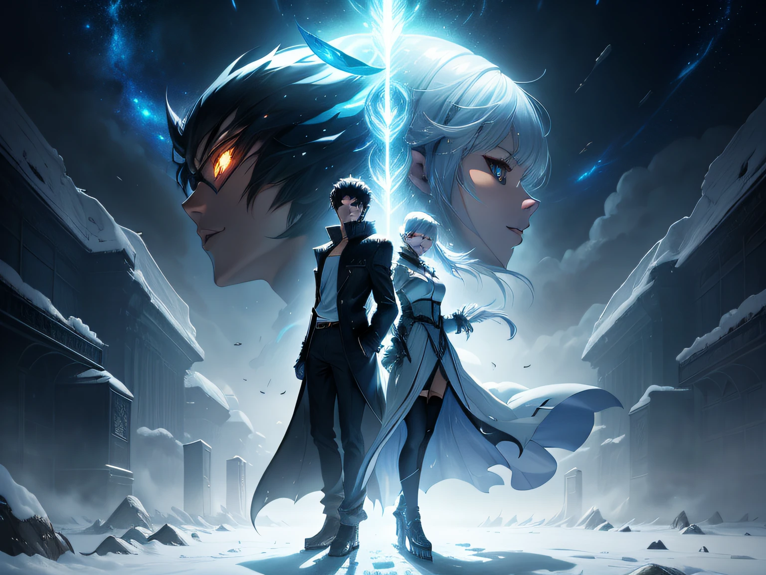Ice and snow background for two anime characters(The young man wears a white jacket with short black hair:1.7),(The young woman has long gray hair and delicate fair skin,elaborate faces,Wearing white lace:1.7)An anime cover, modern sci-fi anime, sci fi anime, sci fi anime, 2 0 21 anime, style of anime4 K, nightcore, Avatar image, Doomsday Frozen Novel Cover Art, Official anime artwork, sakimichan and frank franzzeta, infinite celestial library, High Quality Anime Art Style,Doomsday frozen,cinematic lighting, atmospheric perspective, best quality