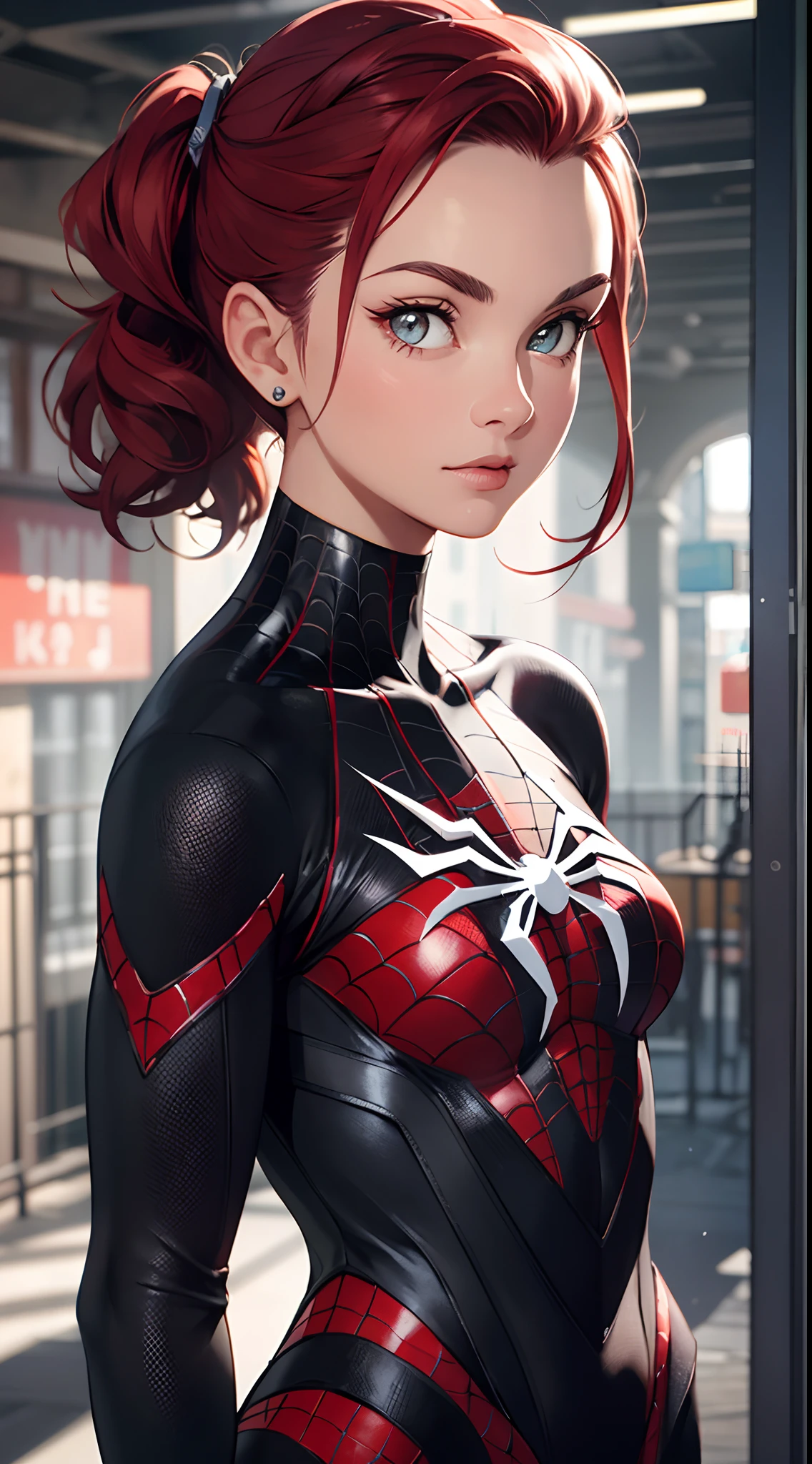 best quality,game cg,1girl, masterpiece, best quality, 8k, detailed skin texture, detailed cloth texture, beautiful detailed face, intricate details, ultra detailed, audrey hepburn, Spider-Man uniform, straight red hair, (Half body:1.2)