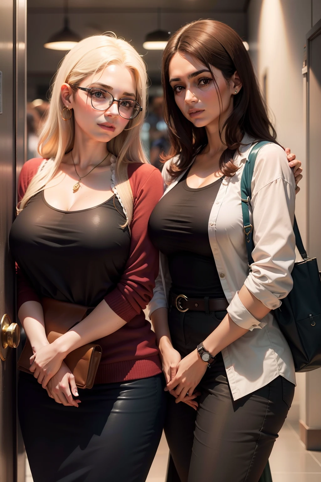 Duas mulheres professoras de seios Gigantescos, fundo simples