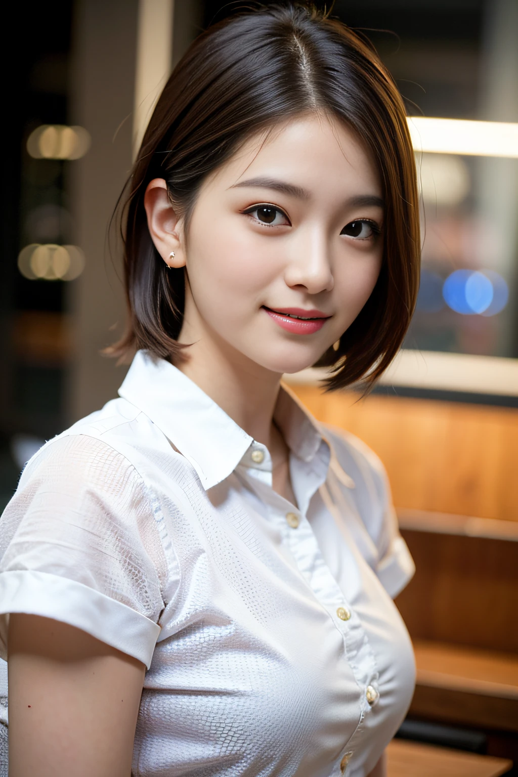 (8K, Raw photo, Best Quality, masutepiece: 1.2), (Realistic, Photo Real: 1.37), Professional Lighting, Photon mapping, Teleportion, asian female, A dark-haired, Beautiful eyes and nose、a smile、28 year old、Neat and clean clothing、bob