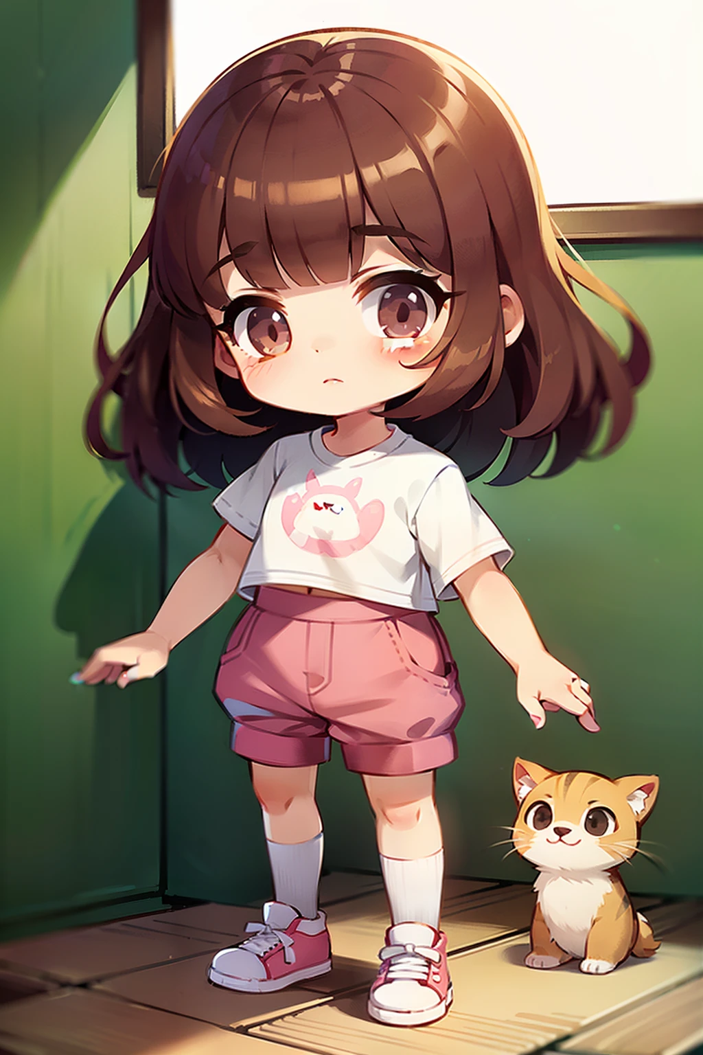 A three-year-old girl，Standing and holding kittens，Children's illustration style，Q version，Illustration style，with a pure white background，brown  hair，White top，Pink pants，White sneakers，Whole body diagram，Multiple Pose，