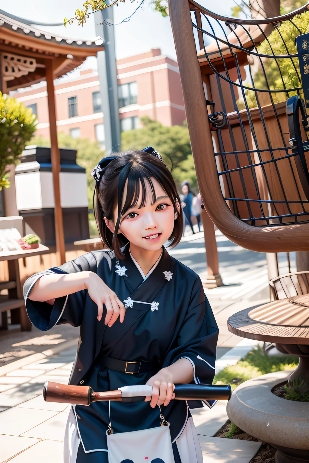 Asian girl, Chinese girl, The voice is sweet, cabelos preto e longos, white hanfu, Close-up of the park, The girl smiled and waved。