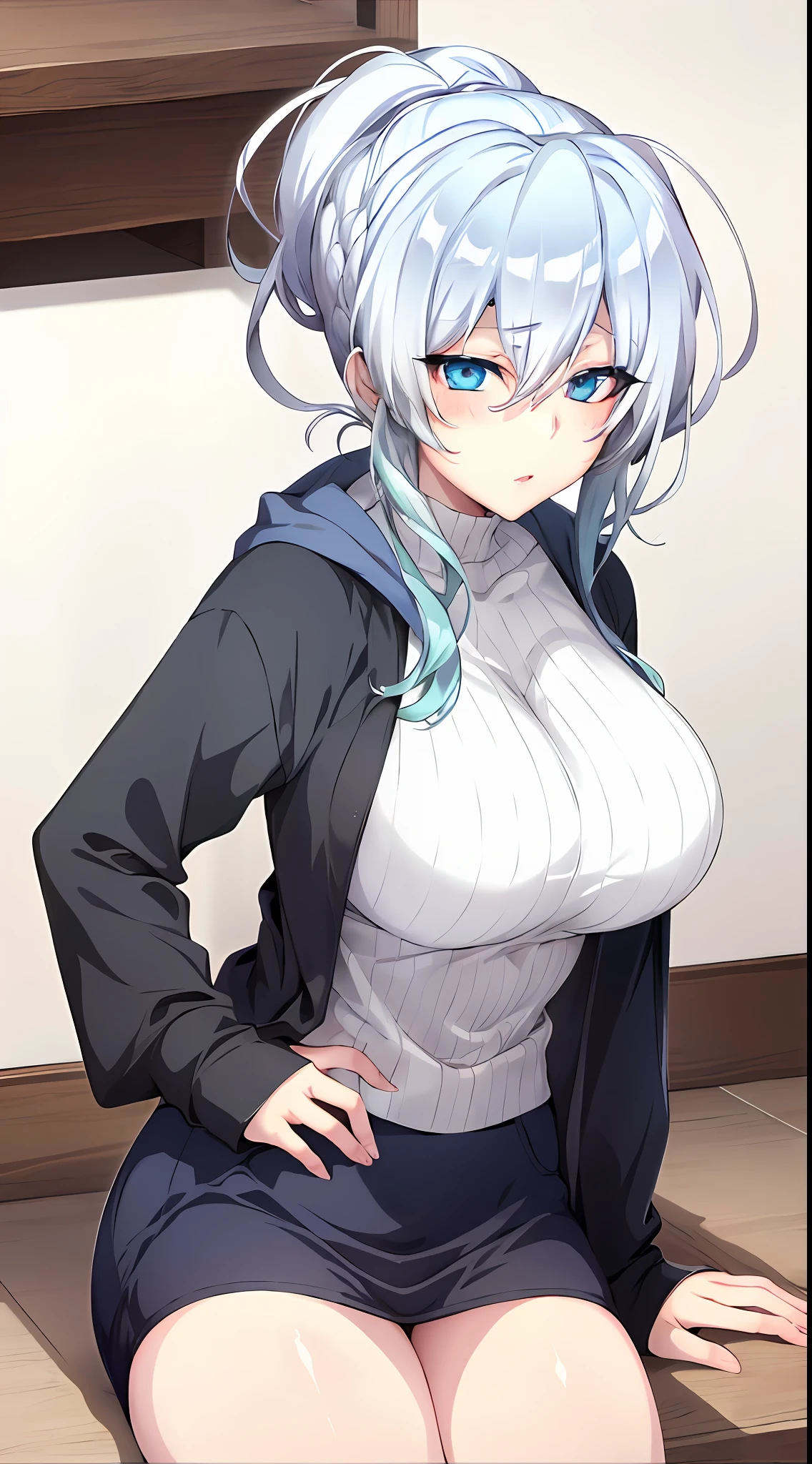 1Yukino, best quality, silver hair, blue eyes, in a black hoodie, cute girl, her expression is solemn, hentai face, she has a cute expressive face, sexy breast