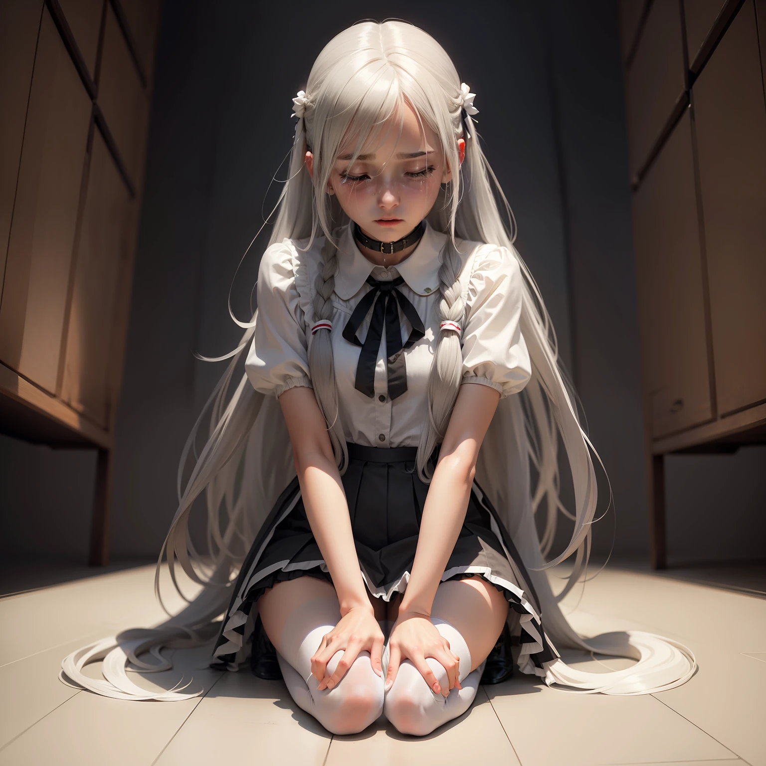 long ashy hair,dual horsetail,short skirt,Long legs,Knelt,Imitate dogs,Expression crying,white stockings,Collar,Disheveled clothes