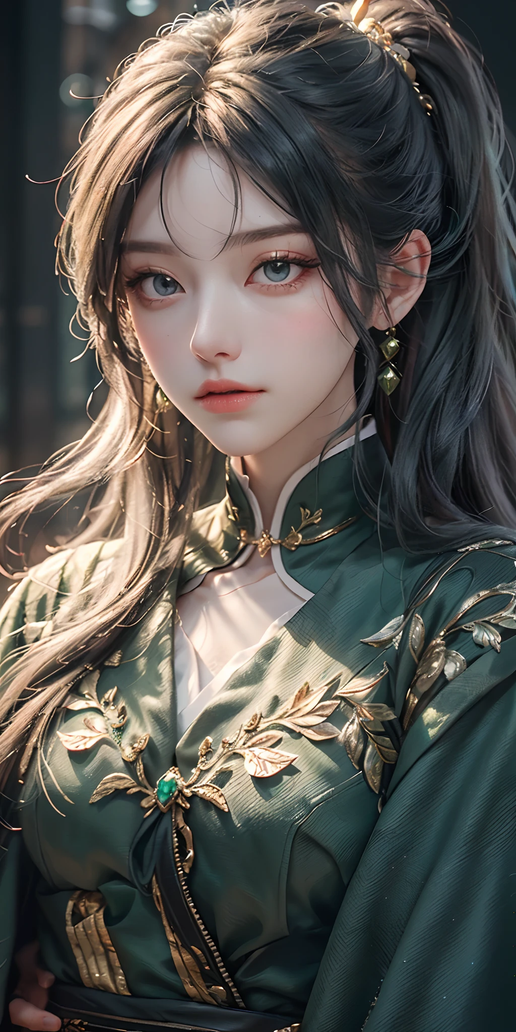 high high quality，tmasterpiece，Delicate facial features，Delicate hair，Delicate eyes，Kizi，Her long gray-white hair was tied into a side ponytail and pulled behind her head，The ends have a distinct green gradient。The iris of the crimson feathers is dark green，And her cruciform pupils are light green，There is a circle of dark green lines around it。He wears a green cape，and wearing a white bud dress，The skirt has gold lines on the surface，The inside is green，（Delicatemakeup）（Ray traching）（strong colors）（The proportions are correct），The proportions are correct，high qulity，Good atmosphere，delicated，cg render，detail render，（highest  quality）（Master masterpieces）（High degree of completion）（a sense of atmosphere）8k wallpaper，tmasterpiece，Best quality at best，ultra - detailed