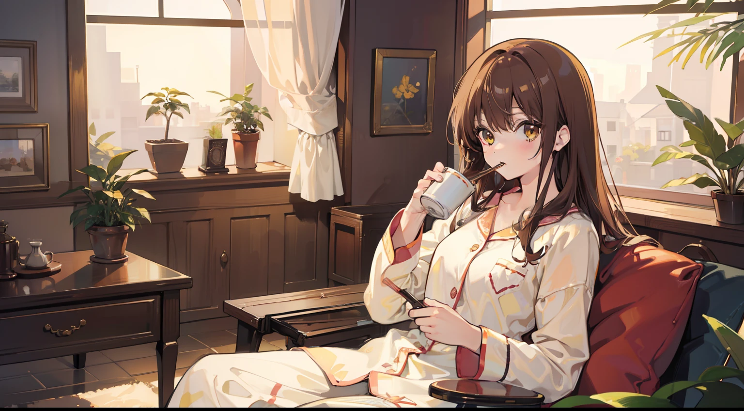 Drink cocoa, masutepiece, Fine detail, 4K, 8K, 12K, Solo, One Person, Beautiful Girl, caucasian female, Drinking, sit a chair, livingroom, pajamas, Brown hair, Long hair, bed habit, houseplant, desk work, morning, Sunlight ,yellow