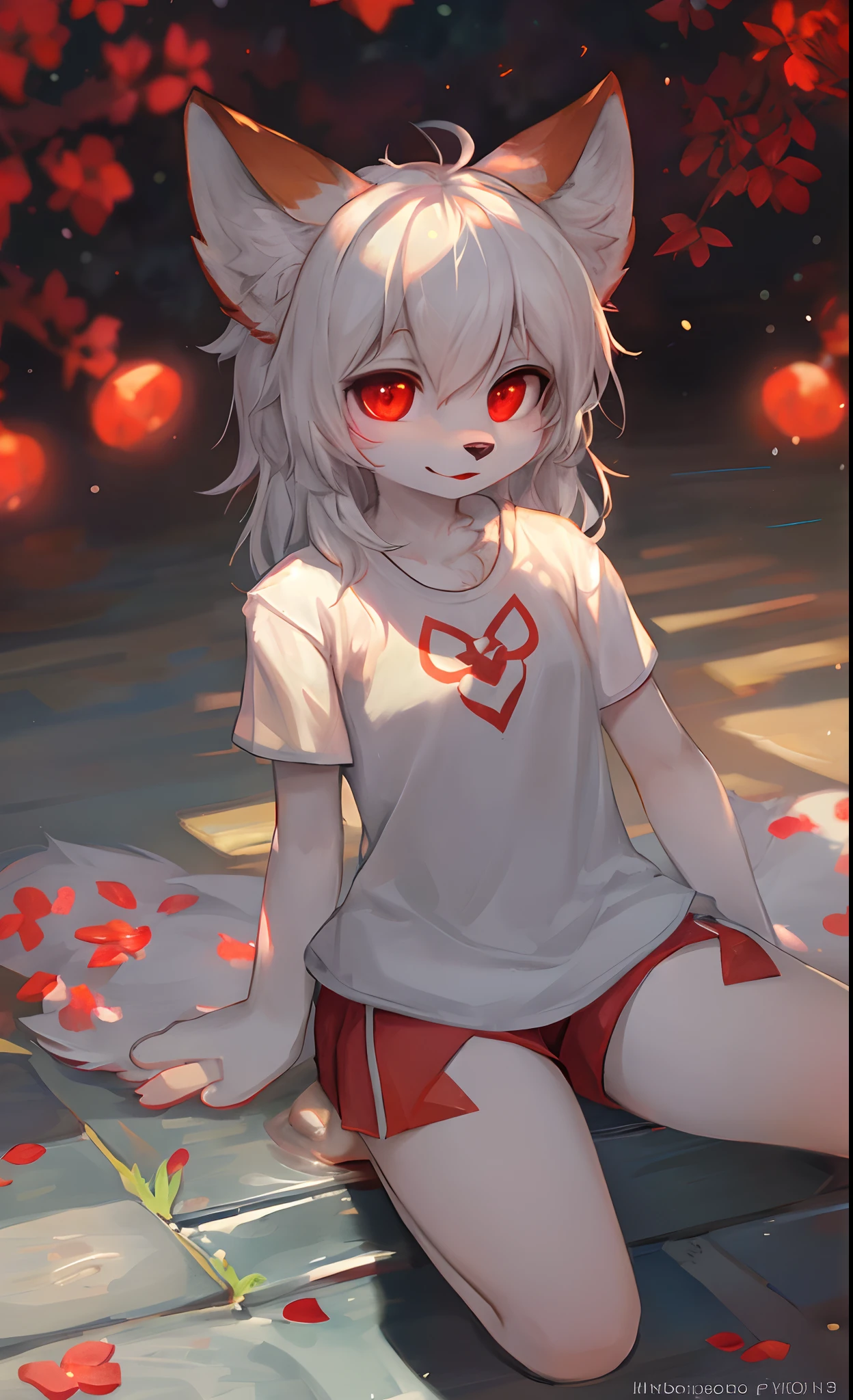 furry, white fur, ultra cute face, red elements on fur, glowing t-shrt, beautiful lights and shadows, ambient light, ultra detailed fur, volumetric light