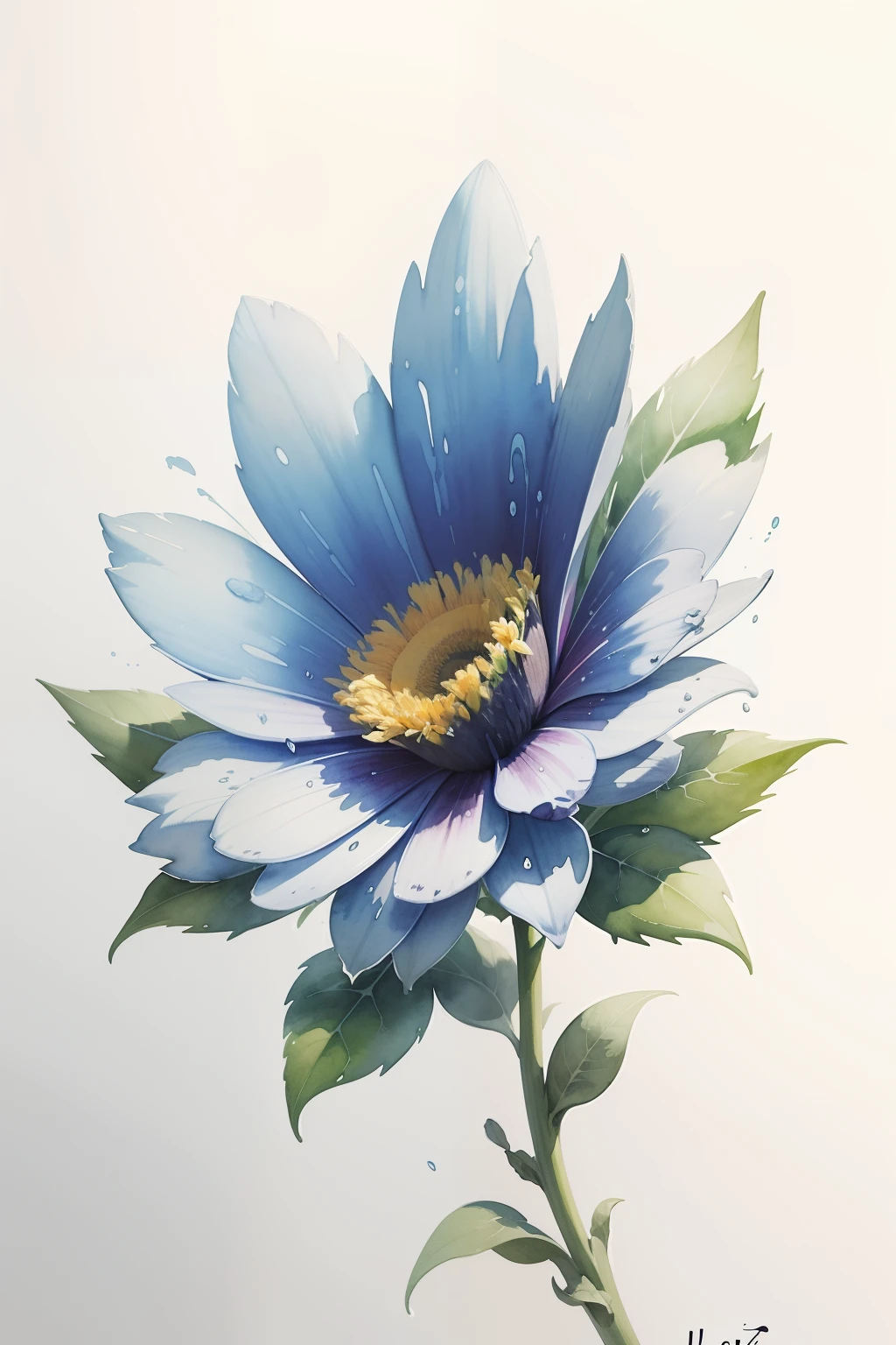 watercolor, flower, beautiful, watercolor style, flower and leaf patterns, wet on wet technique, muted, indigo, fabric design, flat illustration, highly detailed clean, vector image, masterpiece, professional, isometric, bright vector, white background, dry brush, brush strokes, painted on canvas, by J.M.W. Turner. expressive marks.