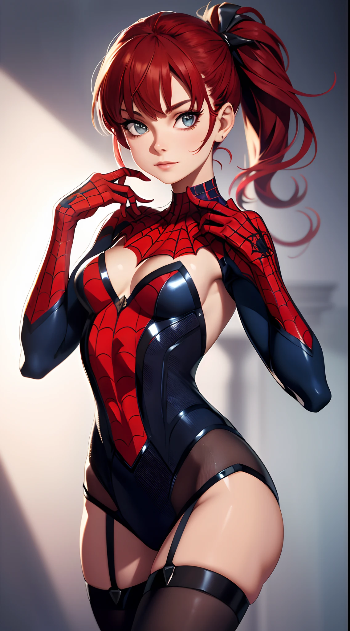 best qualtiy,GameCG,1girll,tmasterpiece,best qualtiy,8K,detailed skin textures,Detailed cloth texture,beautifull detailed face,Complicated details,the ultra-detailed,Audrey Hepburn,spiderman uniform,Straight red hair,(A half body:1.2),cleavage