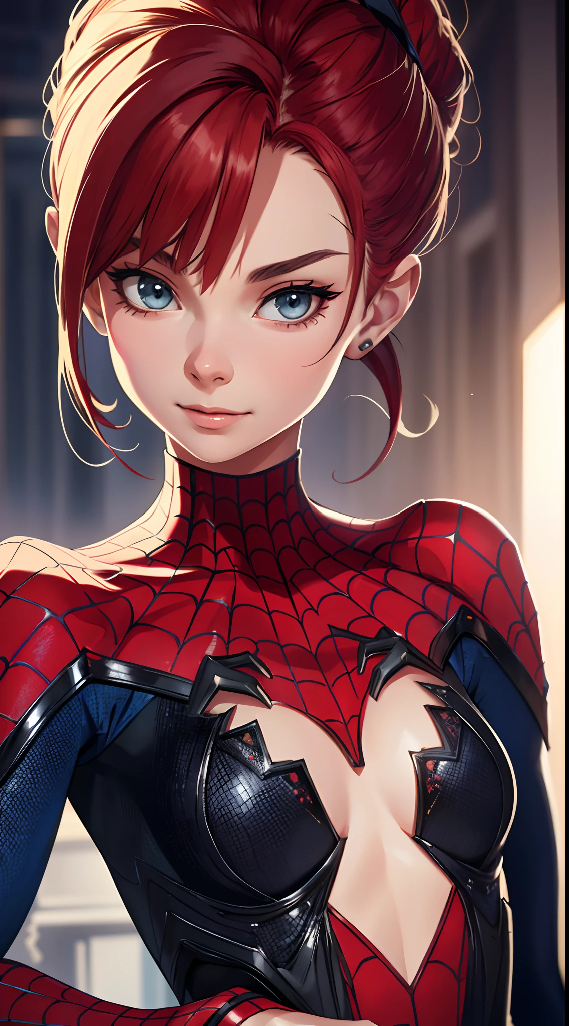 best qualtiy,GameCG,1girll,tmasterpiece,best qualtiy,8K,detailed skin textures,Detailed cloth texture,beautifull detailed face,Complicated details,the ultra-detailed,Audrey Hepburn,spiderman uniform,Straight red hair,(A half body:1.2),cleavage
