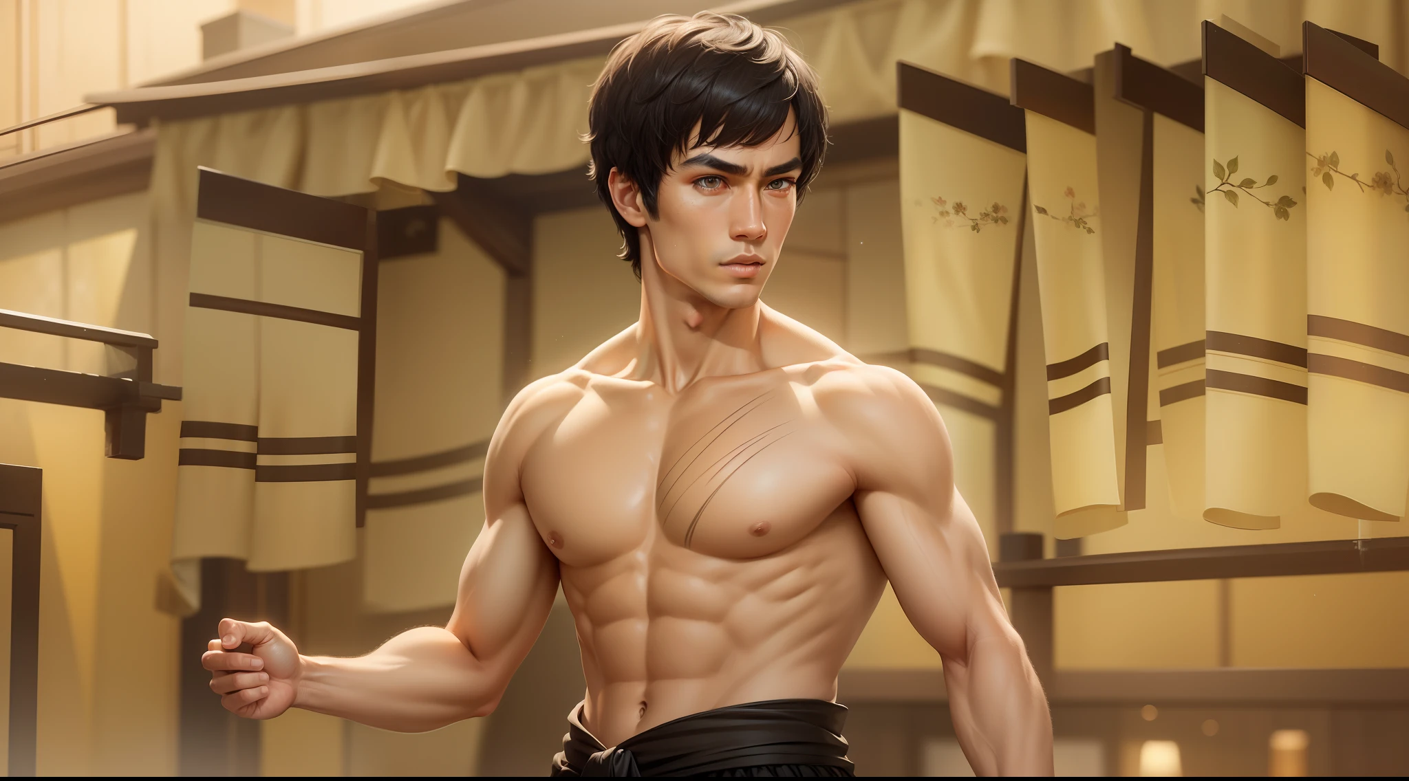 Bruce Lee, small Adams apple, four normal fingers, one thumb each hand, symmetrical eyes, eyes same shape, same color dark brown eyes, eyes not crossed, full head-to-shoulder portrait, medium full shot Portrait, perfect detailed face, detailed symmetric hazel eyes with circular iris soft natural lighting, symmetrical, natural skin texture, soft lighting, detailed face, photorealism, soft pastel colors sparkling, looking into the camera, photorealistic painting, sharp focus, 8k, perfect composition, trending on artstation, award-winning photograph, unreal engine 5, cinematic smooth, intricate detail, studio photo, highly detailed. simple background.