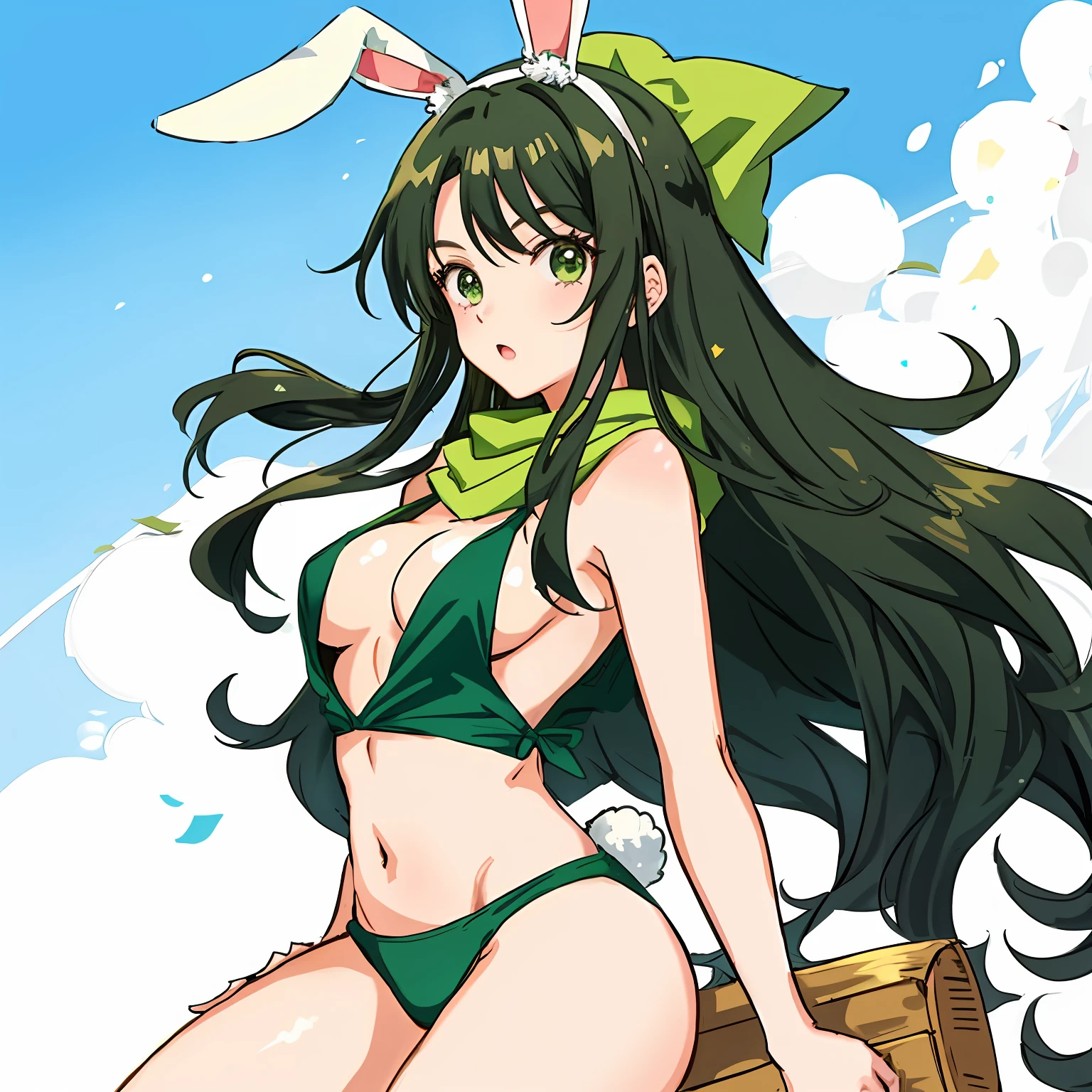 a cartoon picture of a woman with a green bandana and green scouter from dragonball, wearing no clothes, bunny ears, long wavy hair, saiyan girl