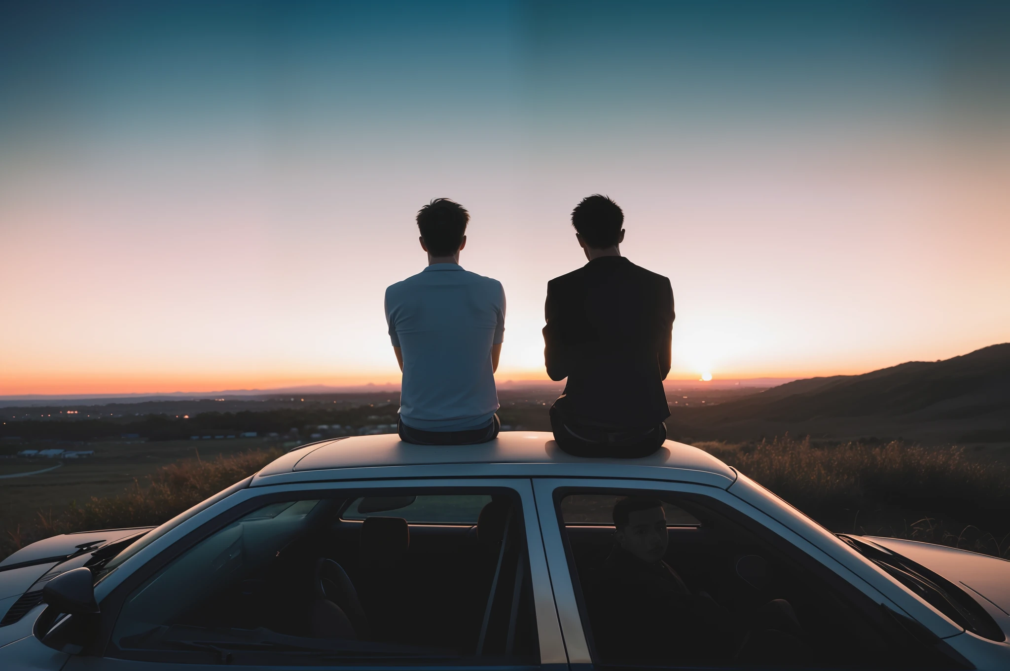 two men sitting on top of a car looking out at the sunset, gazing off into the horizon, looking off into the sunset, looking out at a sunset, looking off into the distance, watching the sunset, looking into the distance, looking at sunset, looking onto the horizon, looking into the horizon, two young men, in the sunset, two people, photorealistic, best quality, 4k