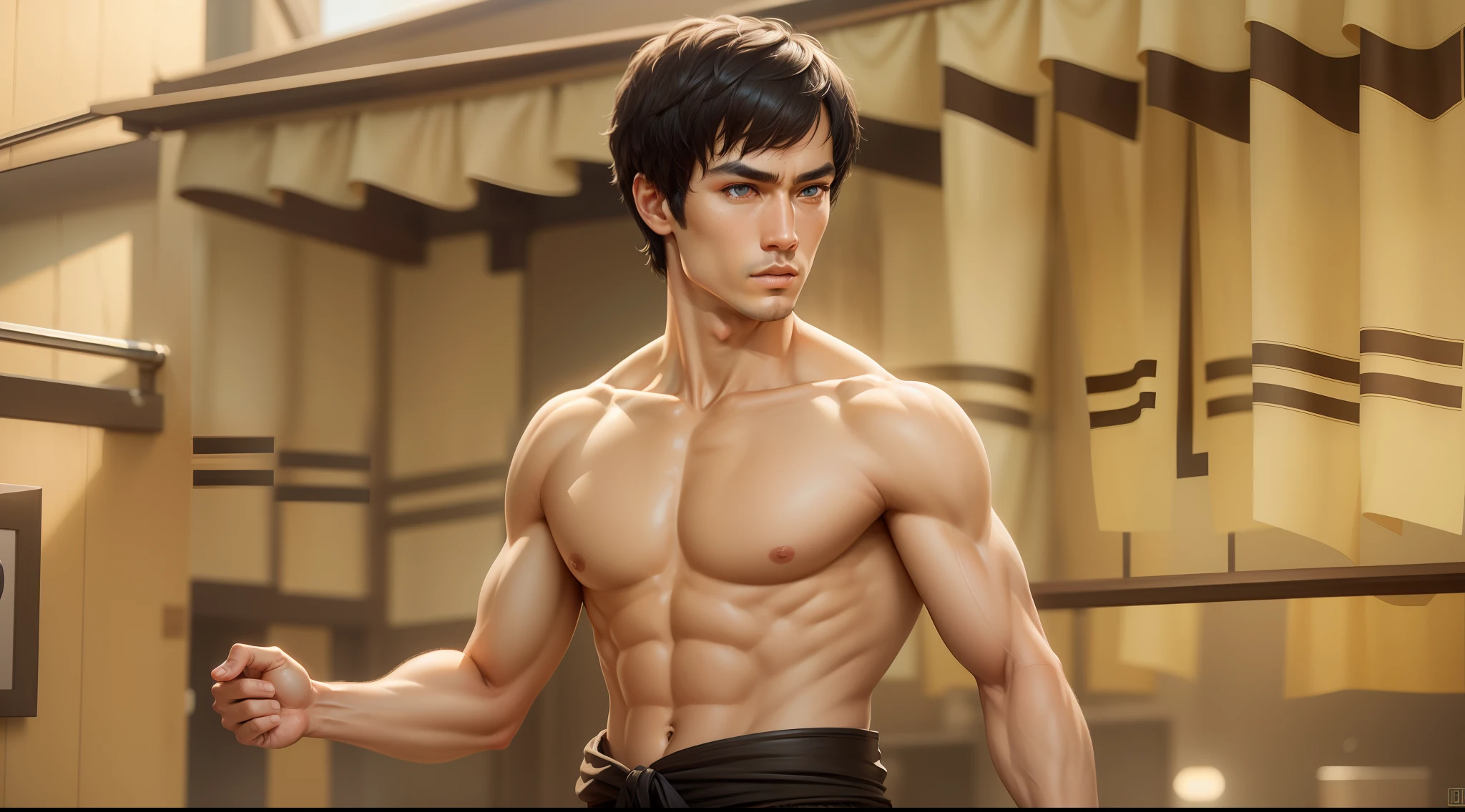 Bruce Lee, small Adams apple, four normal fingers, one thumb each hand, symmetrical eyes, eyes same shape, same color dark brown eyes, eyes not crossed, full head-to-shoulder portrait, medium full shot Portrait, perfect detailed face, detailed symmetric hazel eyes with circular iris soft natural lighting, symmetrical, natural skin texture, soft lighting, detailed face, photorealism, soft pastel colors sparkling, looking into the camera, photorealistic painting, sharp focus, 8k, perfect composition, trending on artstation, award-winning photograph, unreal engine 5, cinematic smooth, intricate detail, studio photo, highly detailed. simple background.