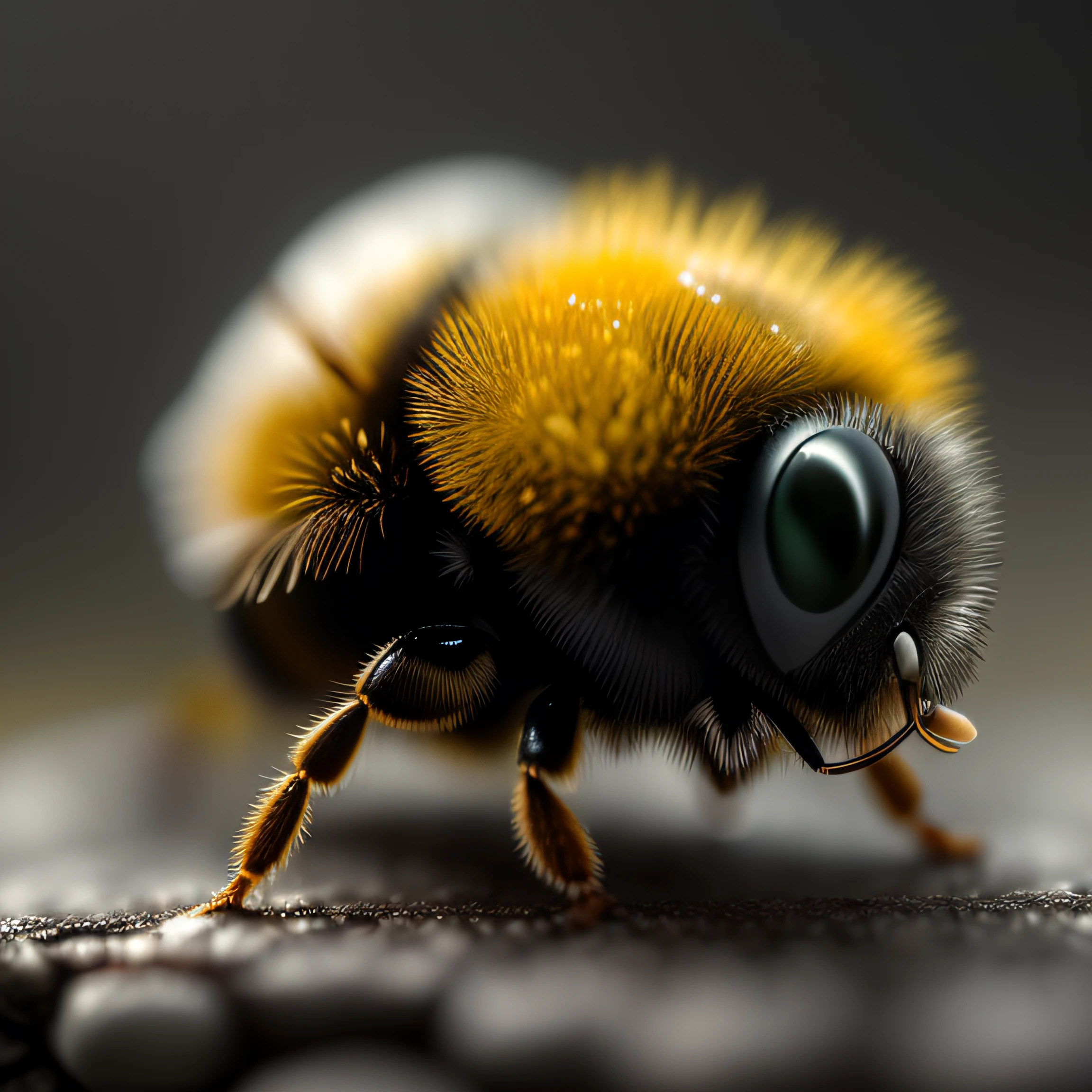 (best quality) , (masterpiece) epic cinematic organic photorealistic microscopic shot of a tiny BEE, , (art by OFERSUN:1.1) , Unmotivated, Snowy, FOV 90 degrees, Light, Crowcore, back-light, film grain, Canon EF, F/2.8, Gray and dark yellow hue