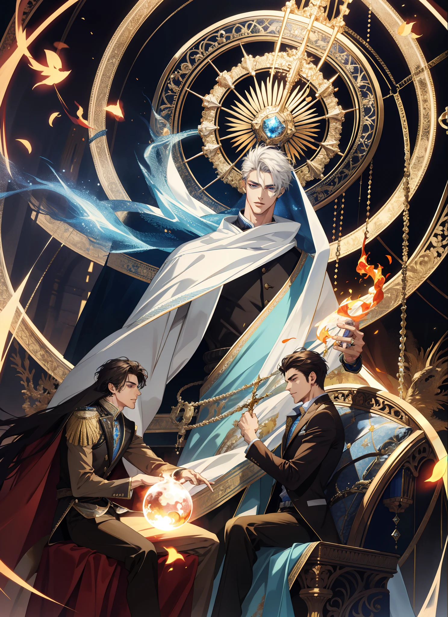 (absurdres, highres, ultra detailed), 1 male, adult, handsome, tall muscular guy, broad shoulders, finely detailed eyes and detailed face, long hair, fantasy, magnificent background, throne, magic effect, flame